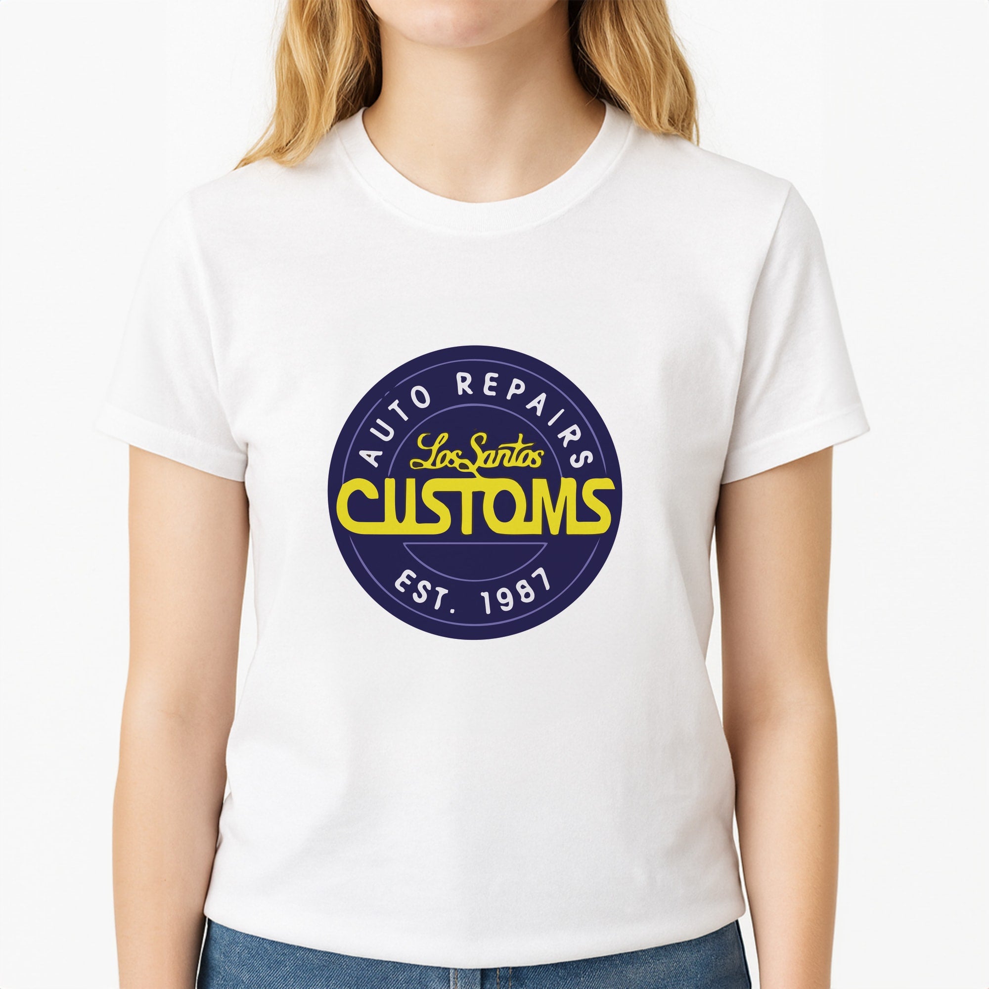 Los Santos Customs - Video Game Unisex T-Shirt, worn by a female model