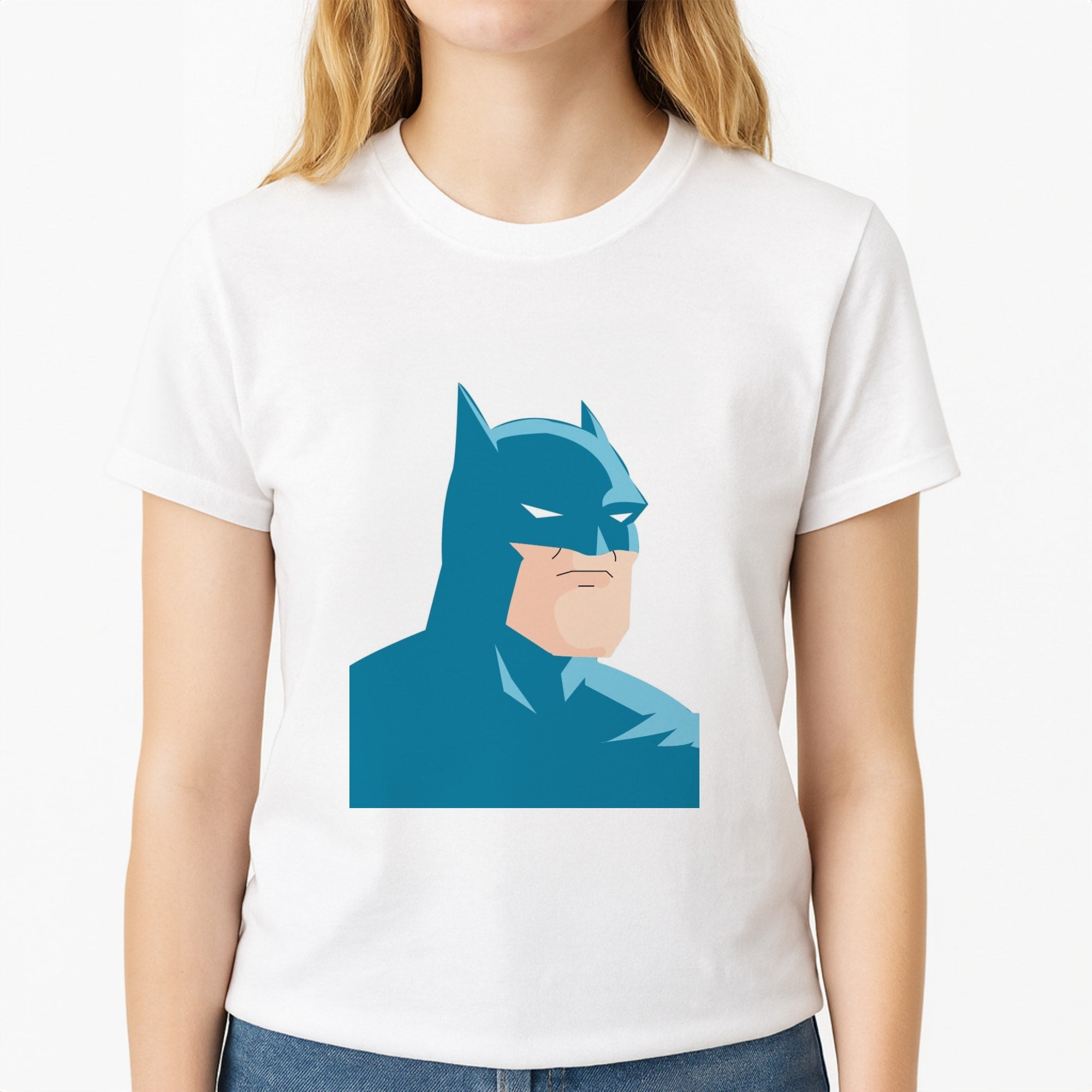 Blue Bat Superhero Unisex T-Shirt, worn by a female model