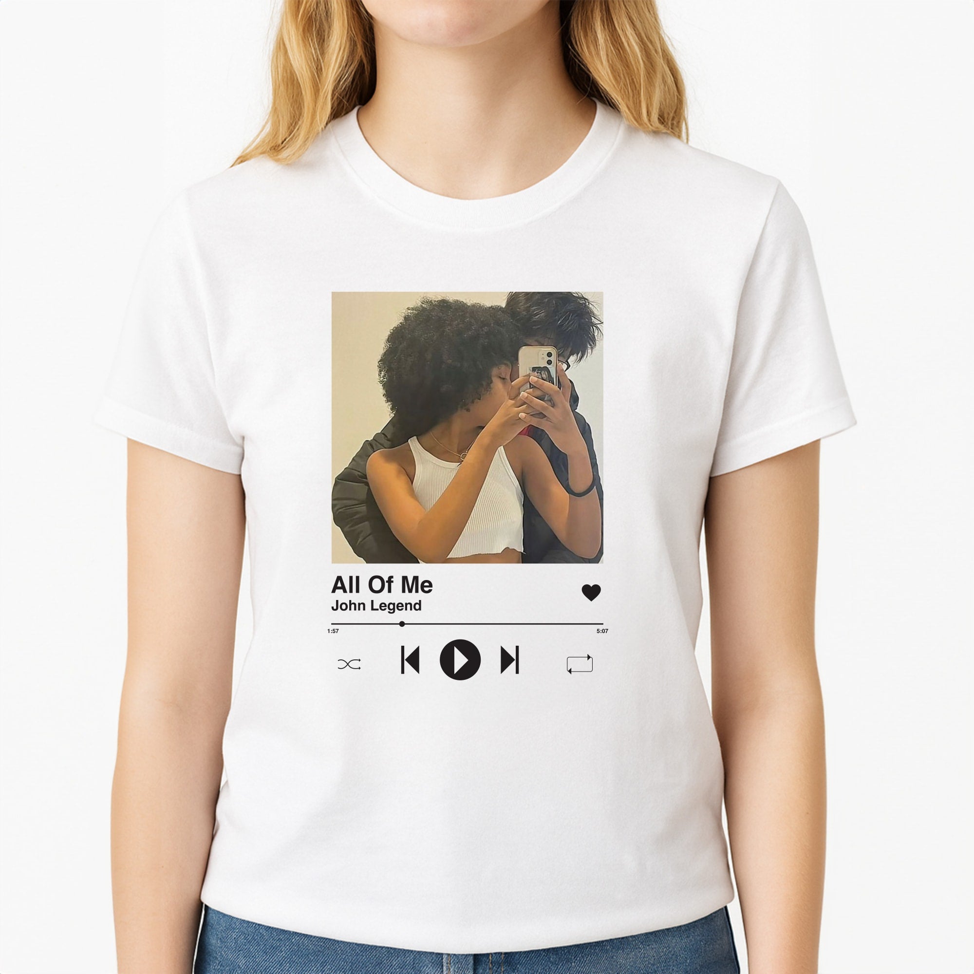 Album Cover - Personalised Couples Unisex T-Shirt, worn by a female model
