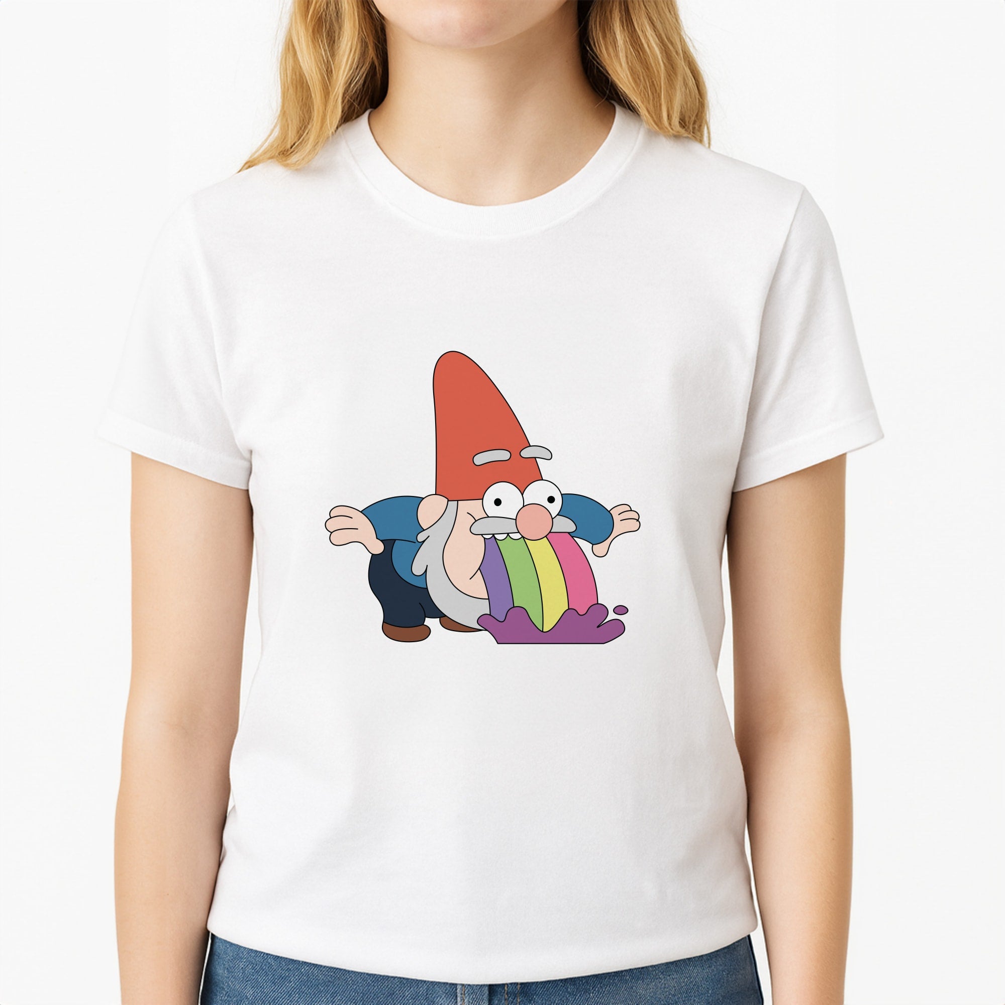 Garden Gnome Rainbow Unisex T-Shirt, worn by a female model