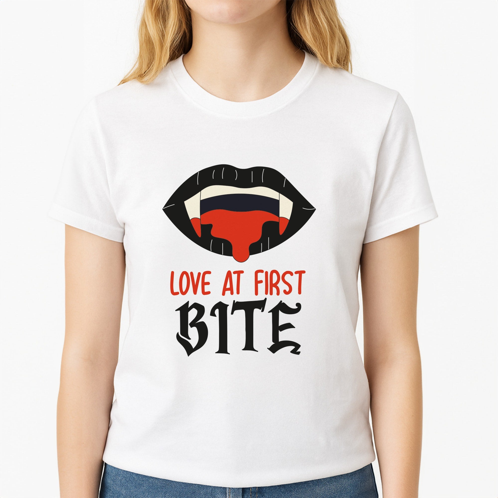 Love At First Bite - VD Unisex T-Shirt, worn by a female model
