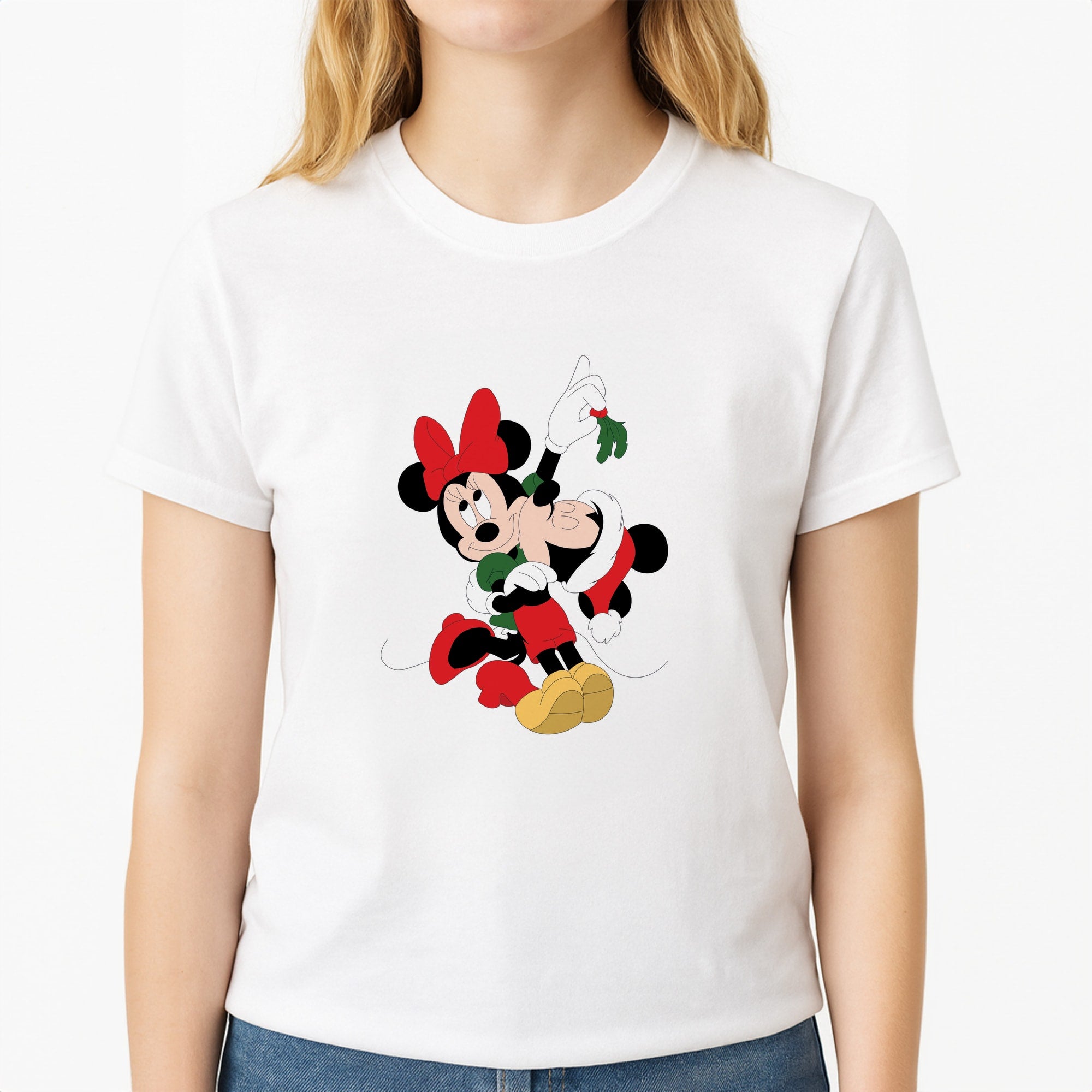 Mistletoe Fairytale Mice - Christmas Unisex T-Shirt, worn by a female model