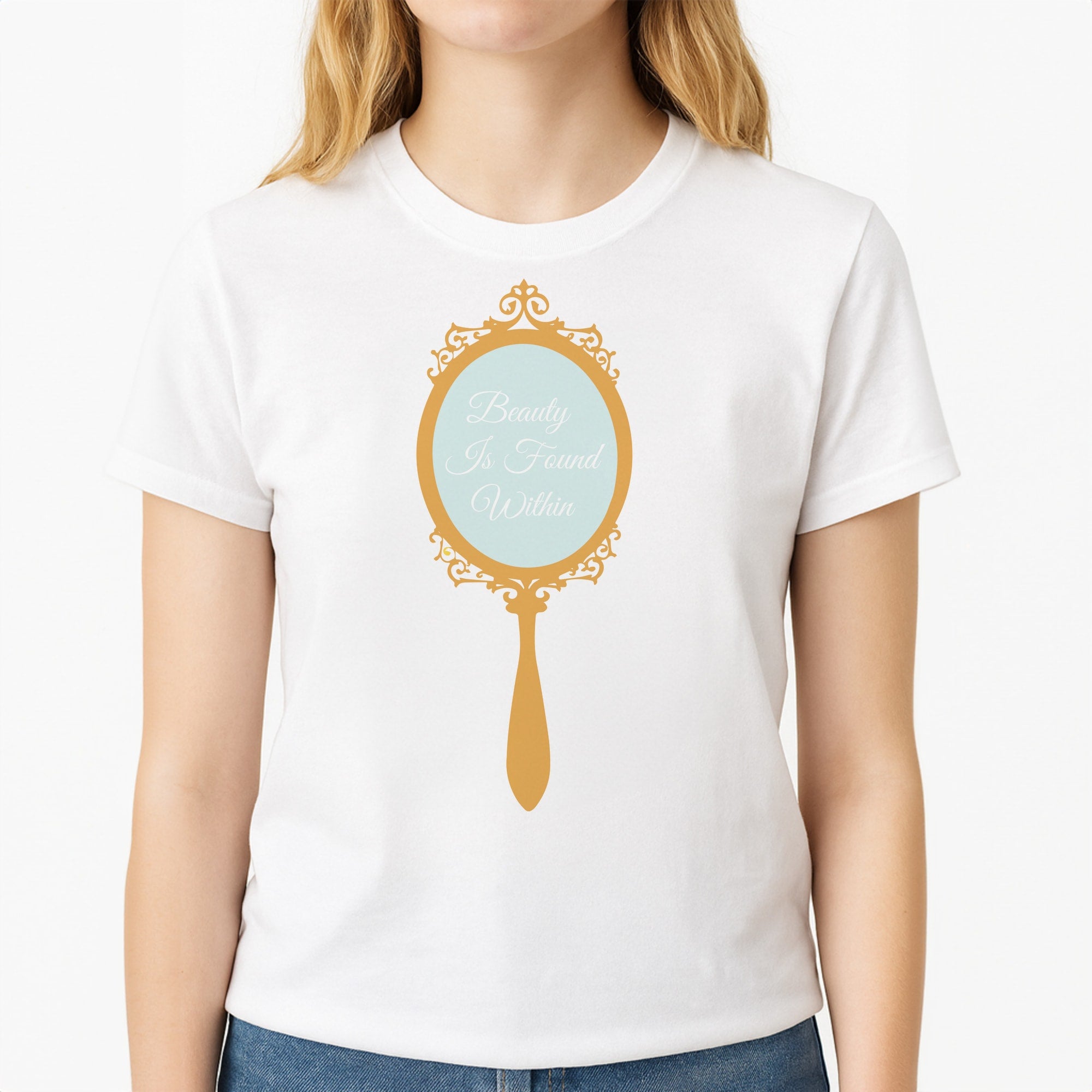Beauty Is Found Within Mirror Unisex T-Shirt, worn by a female model