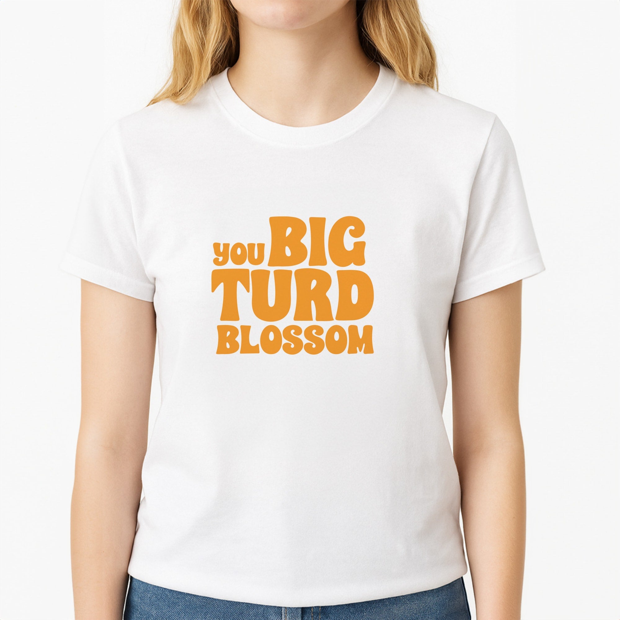You Big Turd Blossom - GOTG Unisex T-Shirt, worn by a female model