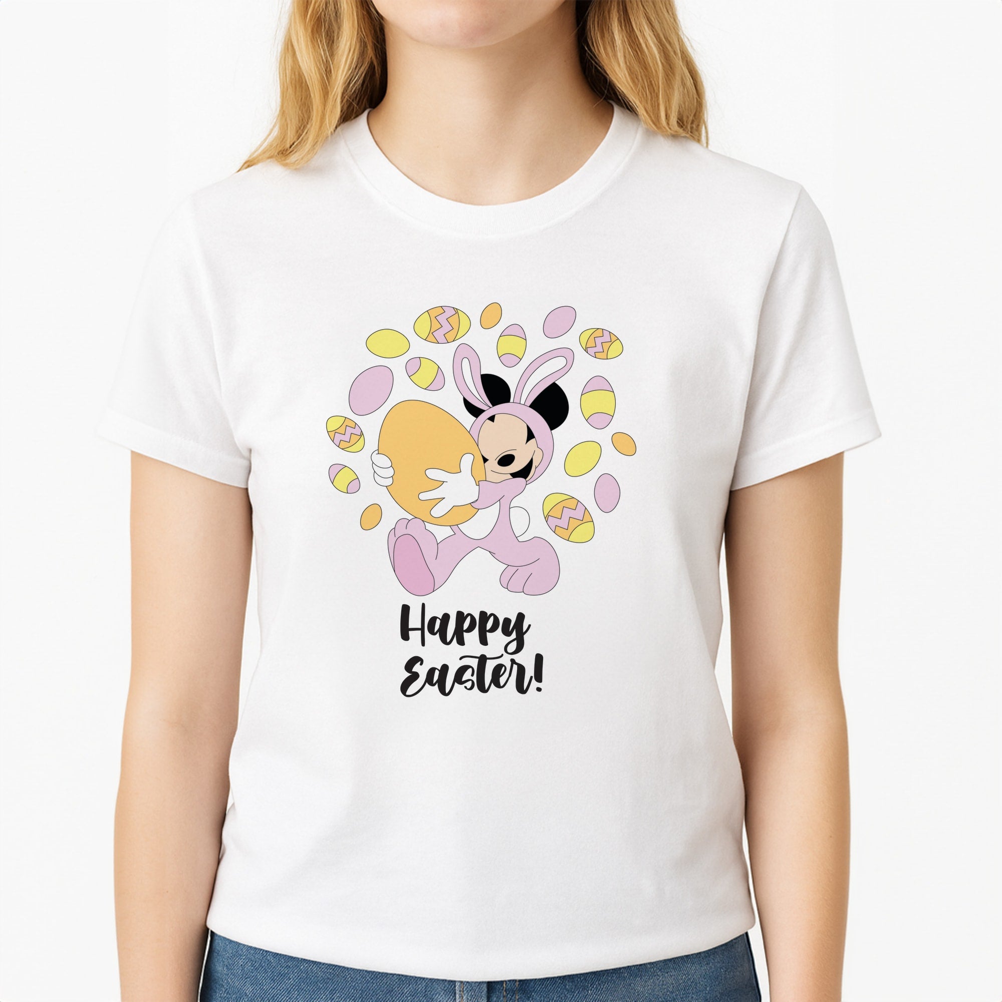 Happy Easter Pink Unisex T-Shirt, worn by a female model