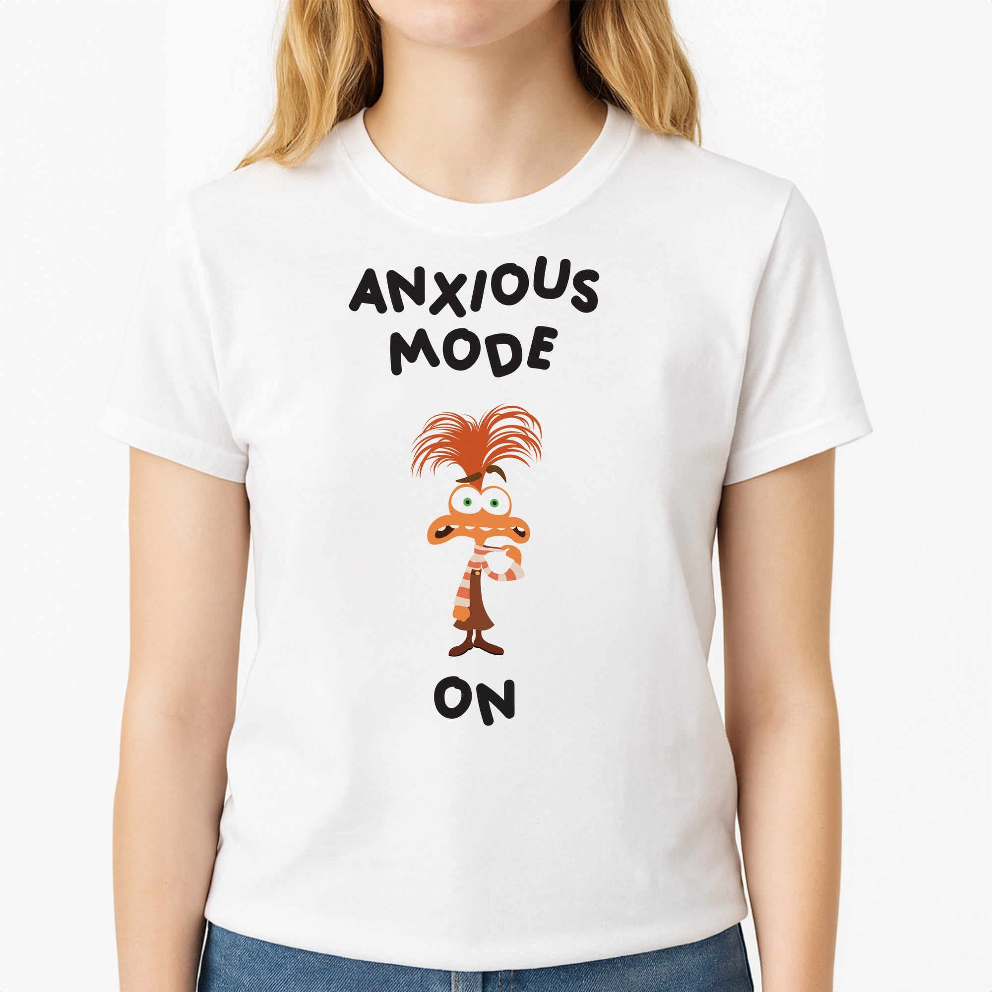 Anxious Mode On - Inside Out Unisex T-Shirt, worn by a female model