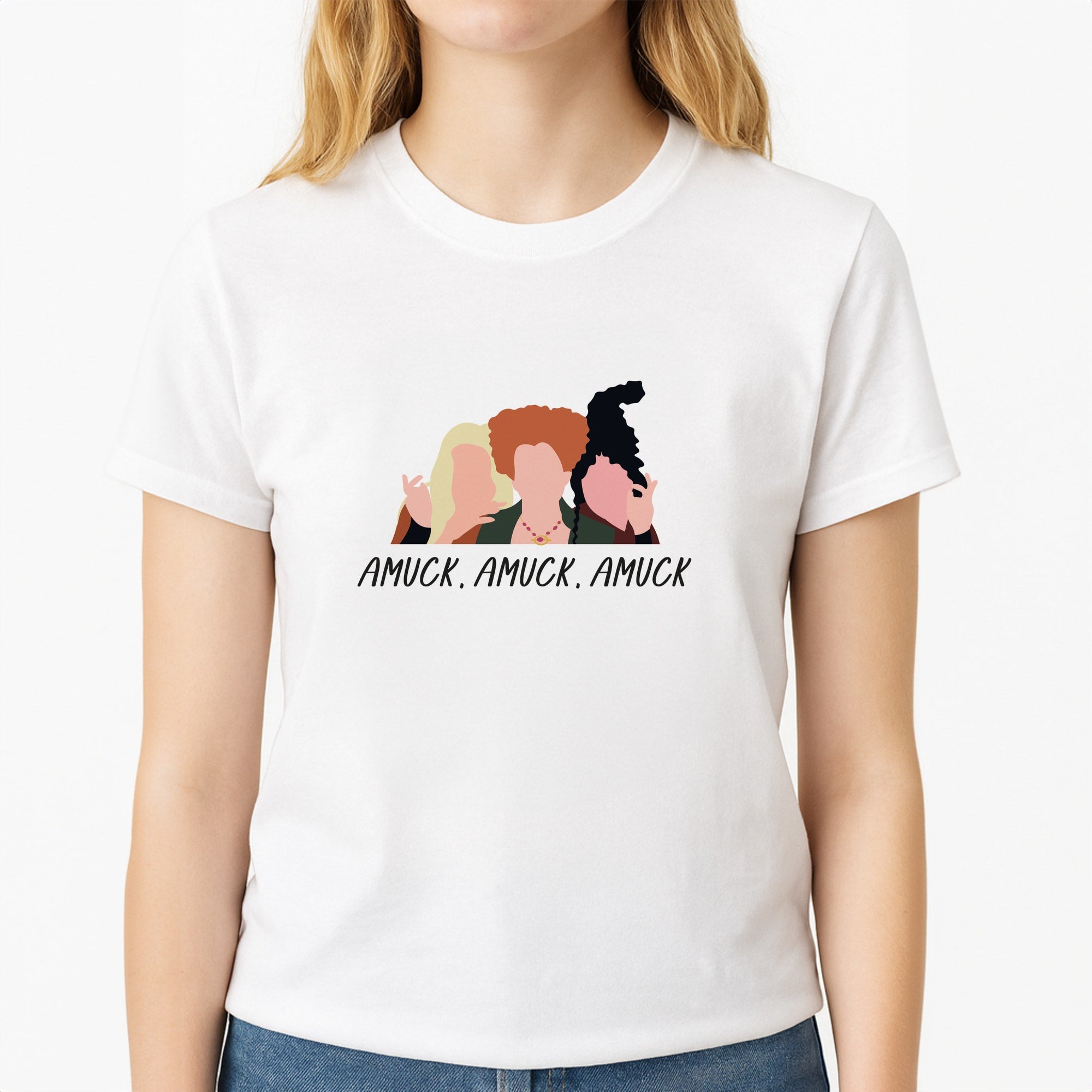 Amuck, Amuck, Amuck - Hocus Halloween Unisex T-Shirt, worn by a female model