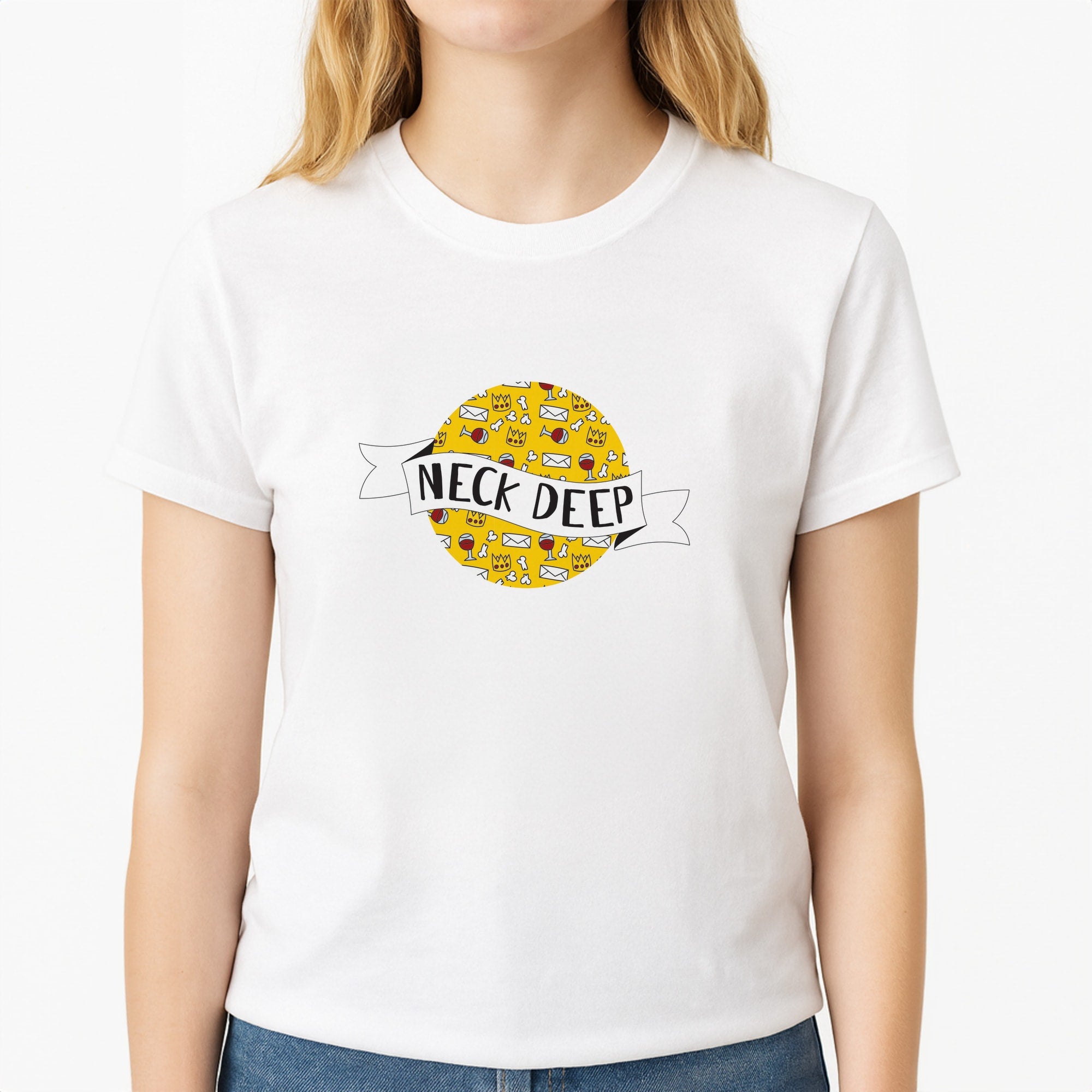 Neck Deep - Festival Unisex T-Shirt, worn by a female model