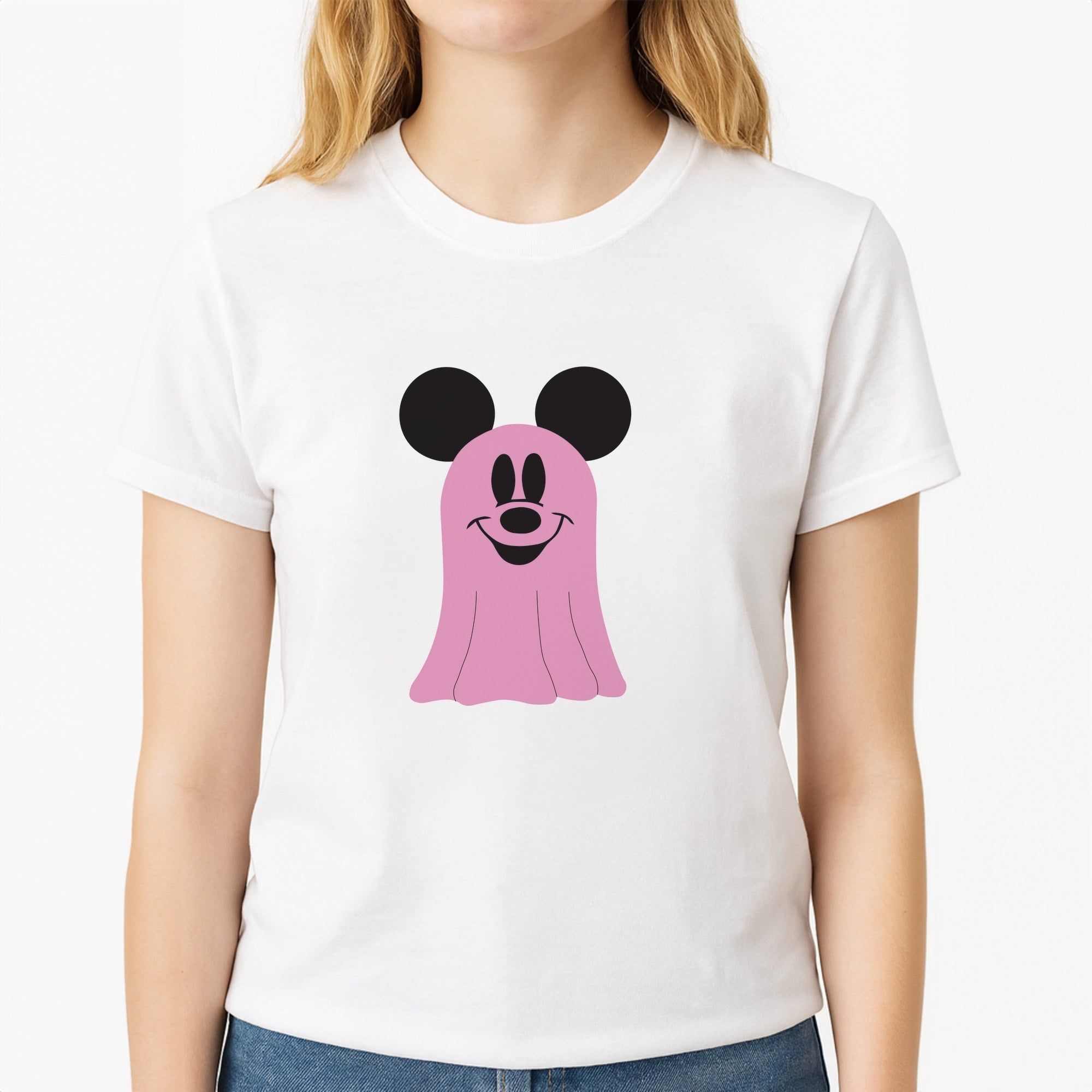 Mouse Ghost Pattern Halloween Unisex T-Shirt, worn by a female model