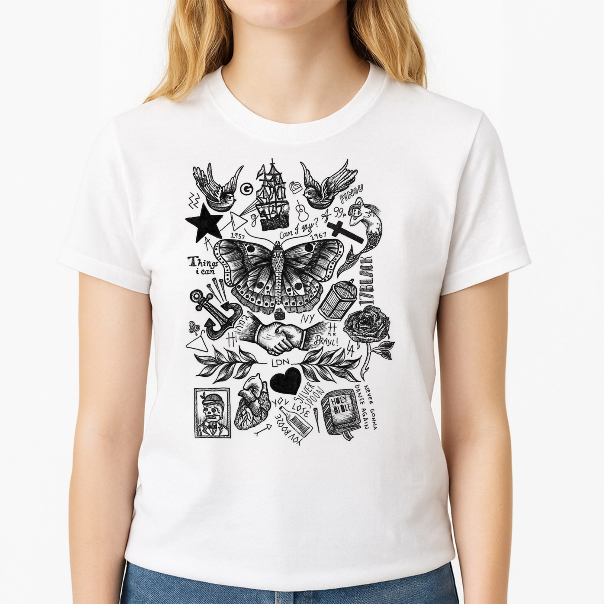 Harry Tattoos Unisex T-Shirt, worn by a female model