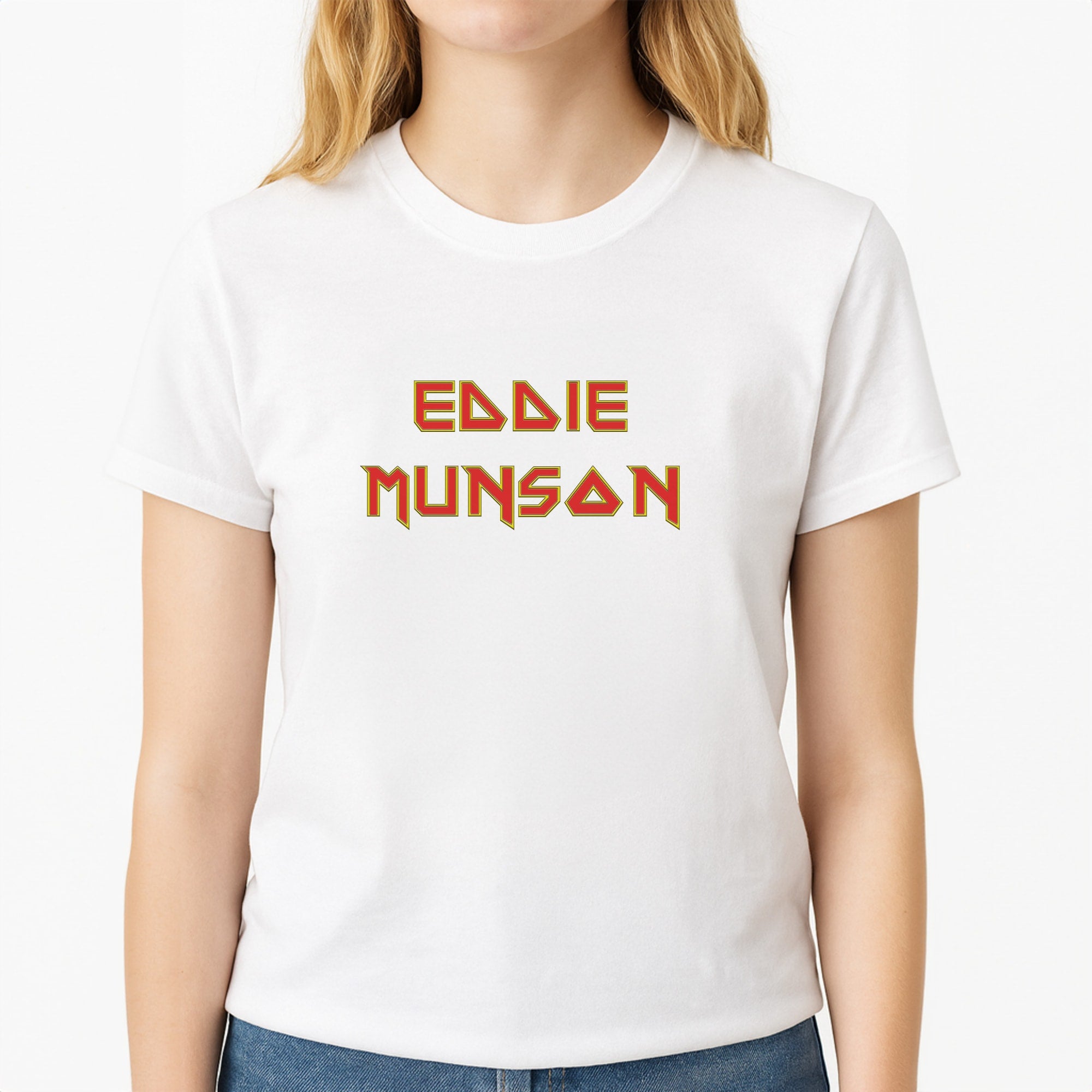 Eddie Munson Text Unisex T-Shirt, worn by a female model