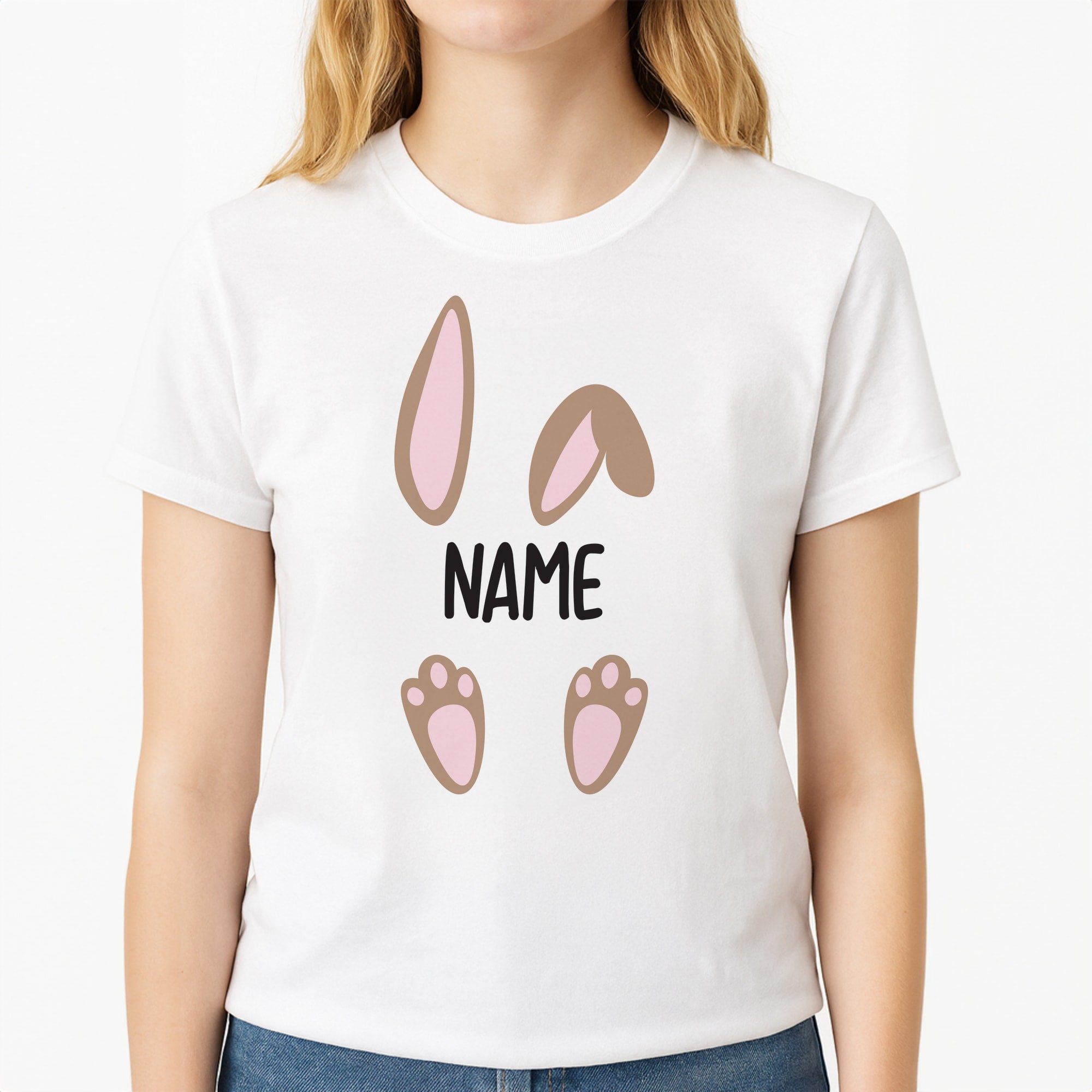 Brown Bunny Personalised Unisex T-Shirt, worn by a female model