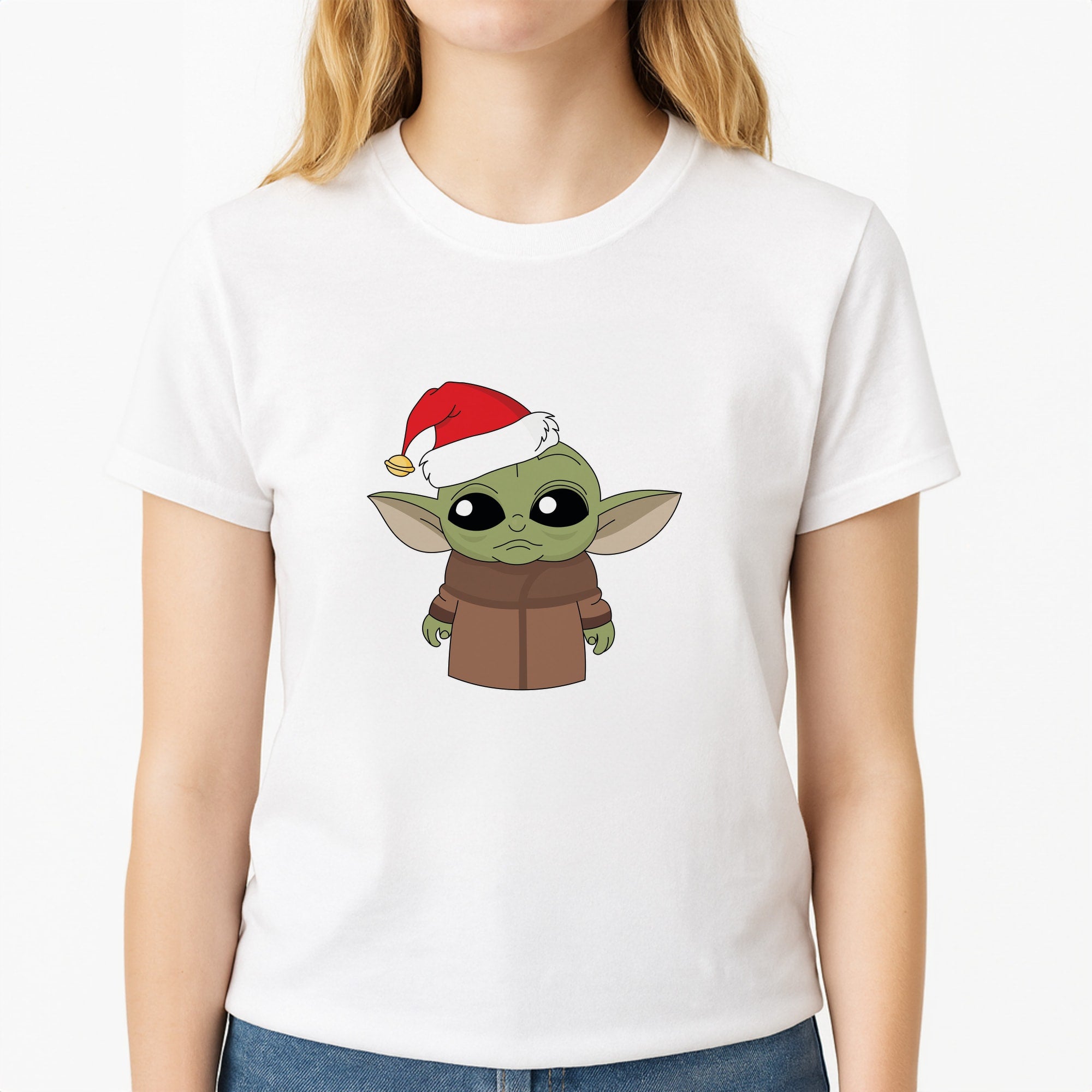 Baby Yoda Unisex T-Shirt, worn by a female model