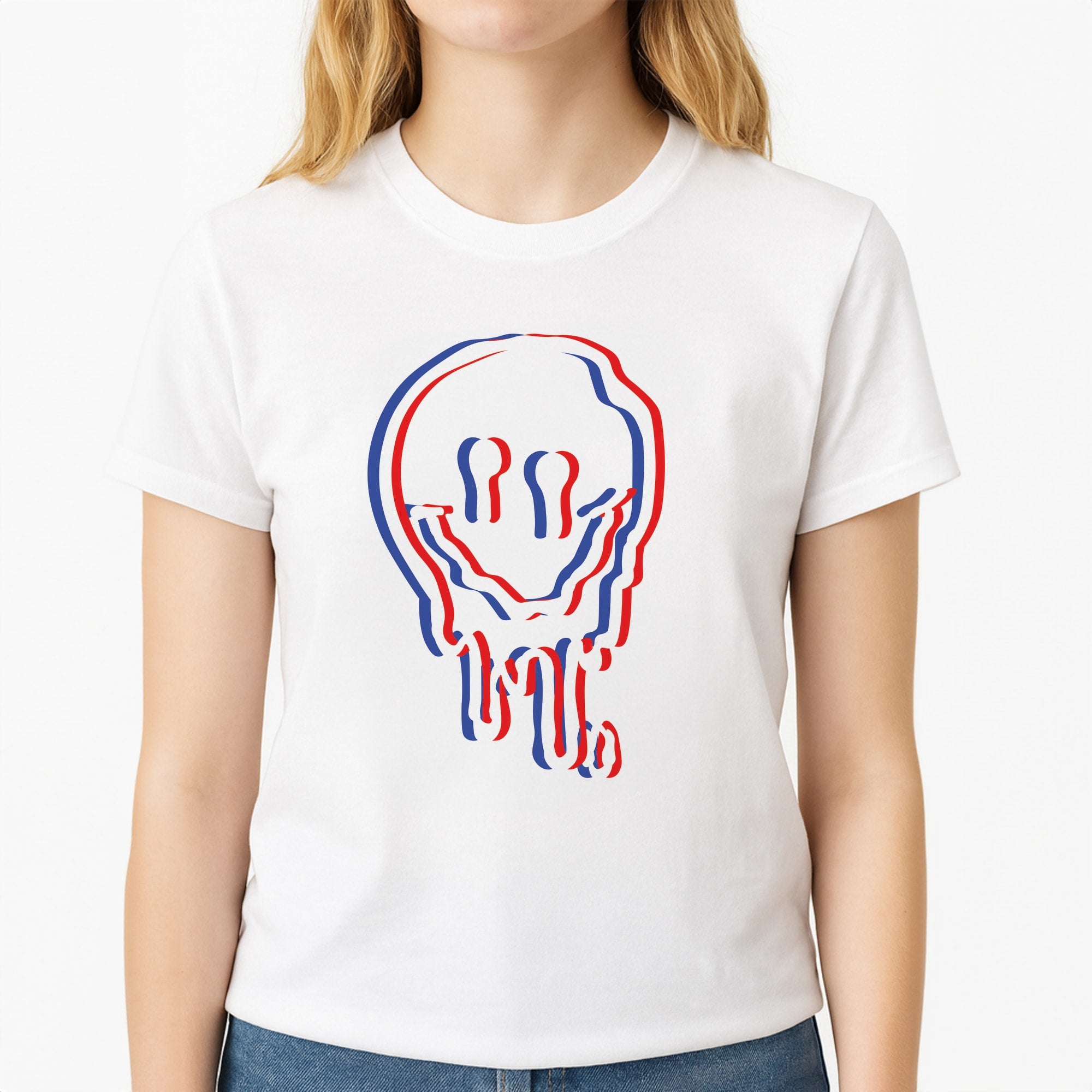 Red Smiley - Juice Unisex T-Shirt, worn by a female model