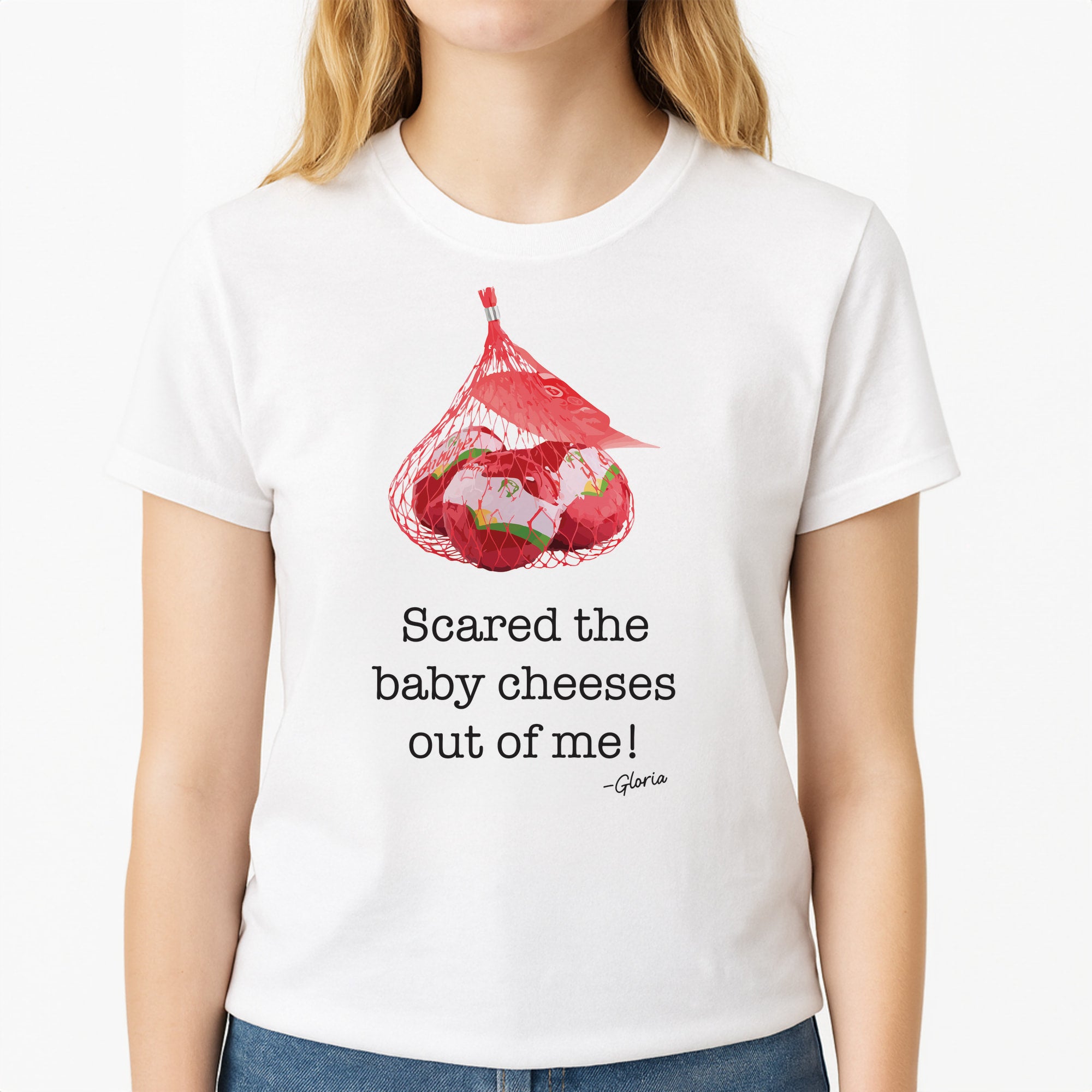 Scared The Baby Cheeses Out Of Me Unisex T-Shirt, worn by a female model