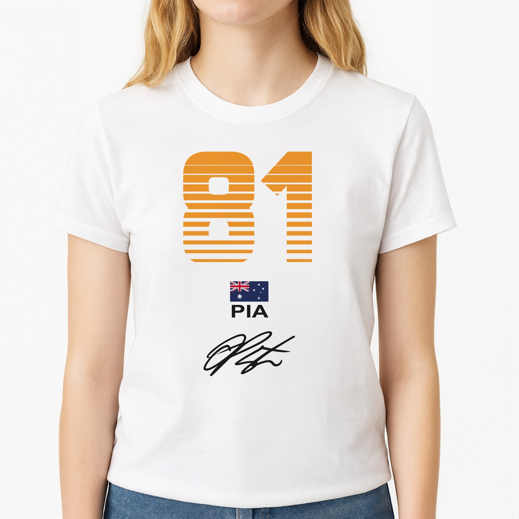 Piastri - F1 Unisex T-Shirt, worn by a female model