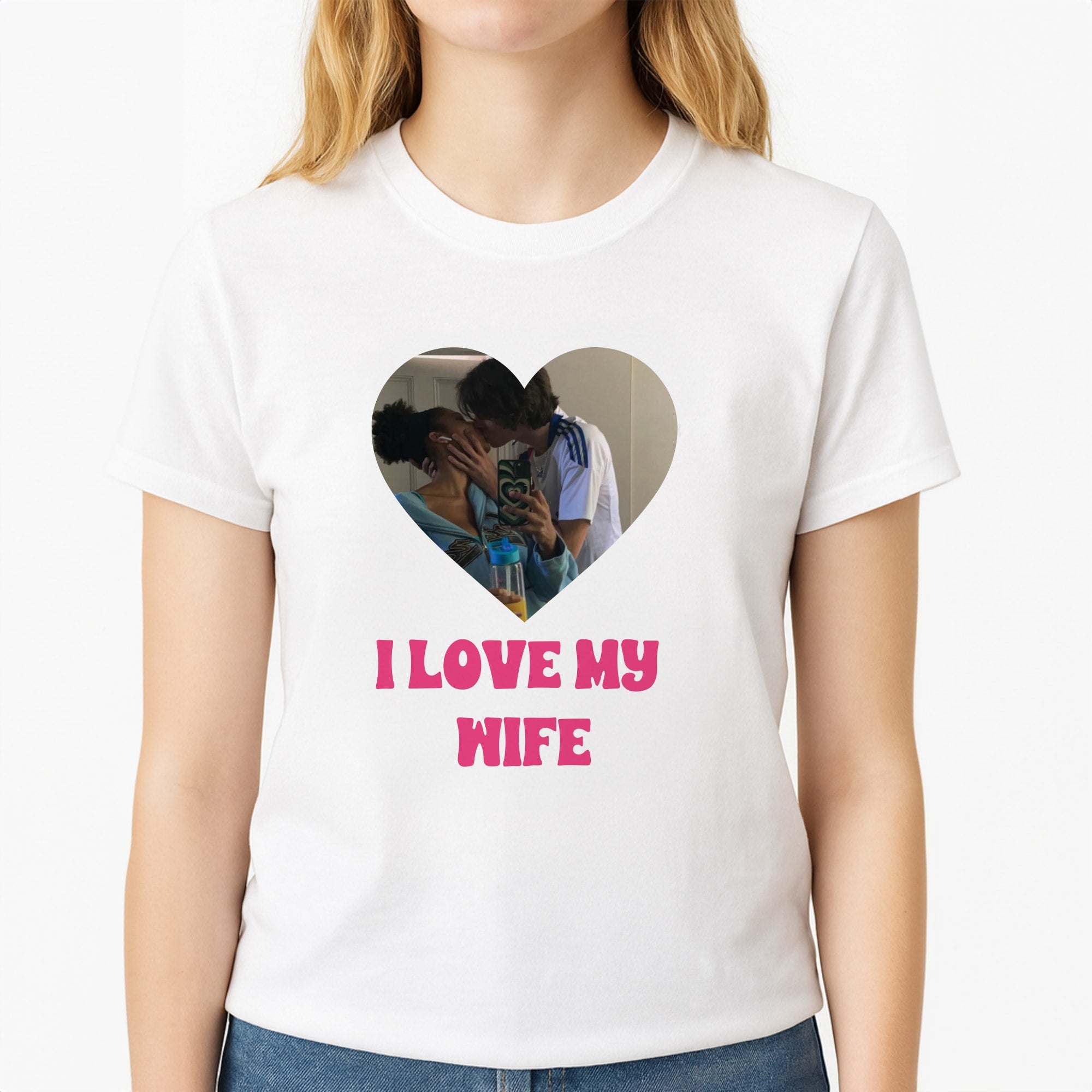 I Love My Wife - Personalised Couples Unisex T-Shirt, worn by a female model