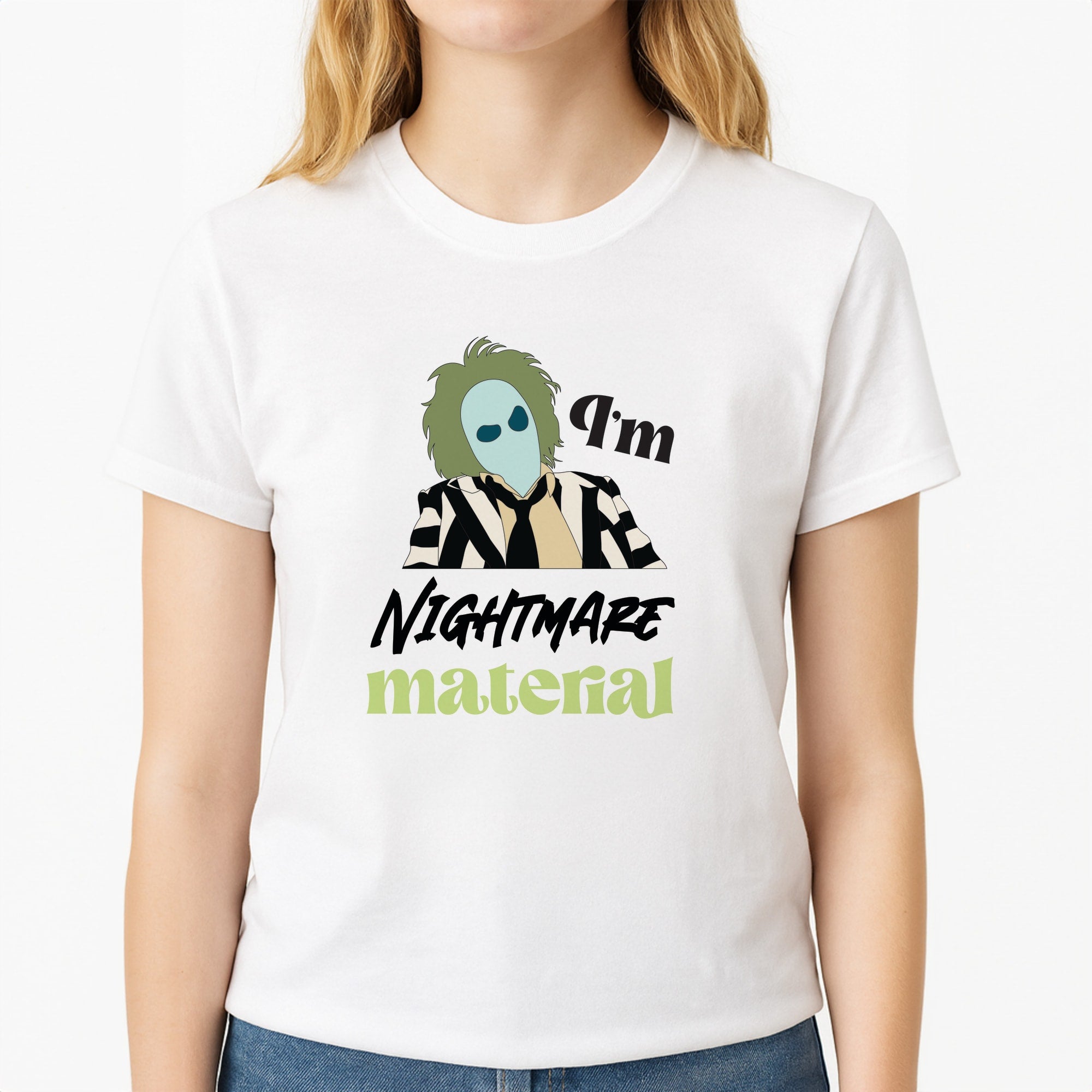 I'm Nightmare Material Unisex T-Shirt, worn by a female model