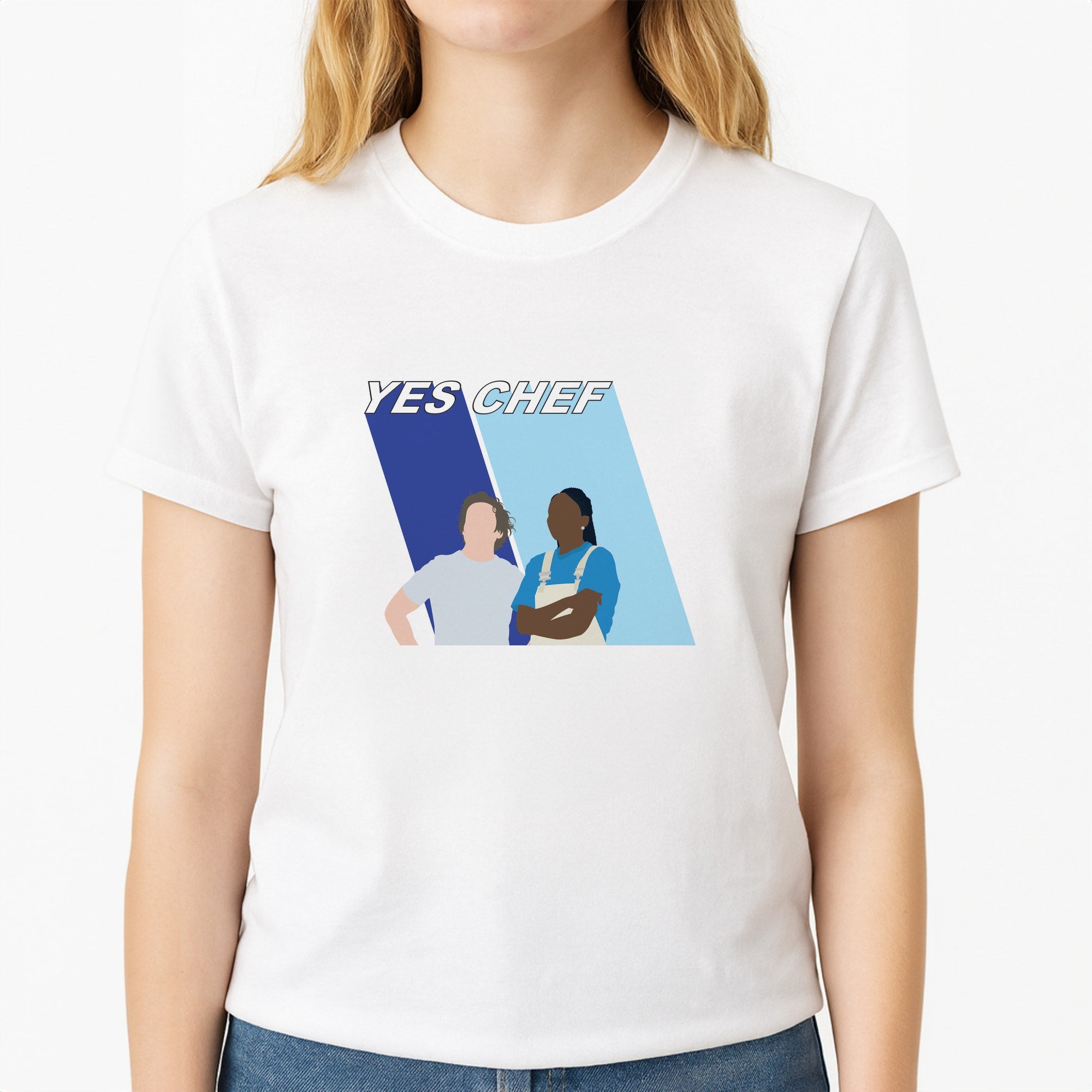 Yes Chef Blue Unisex T-Shirt, worn by a female model