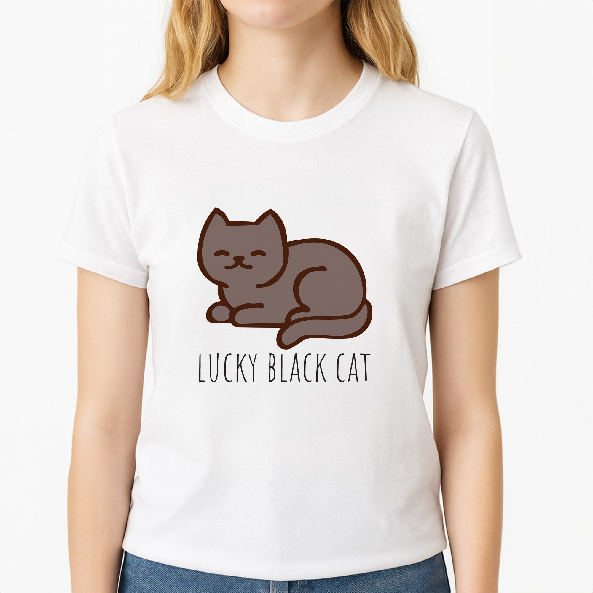 Lucky Black Cat - Cats Unisex T-Shirt, worn by a female model