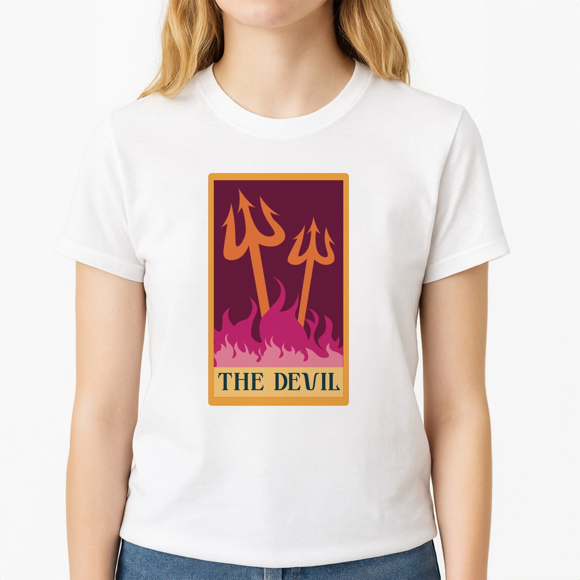 The Devil - Tarot Cards Unisex T-Shirt, worn by a female model
