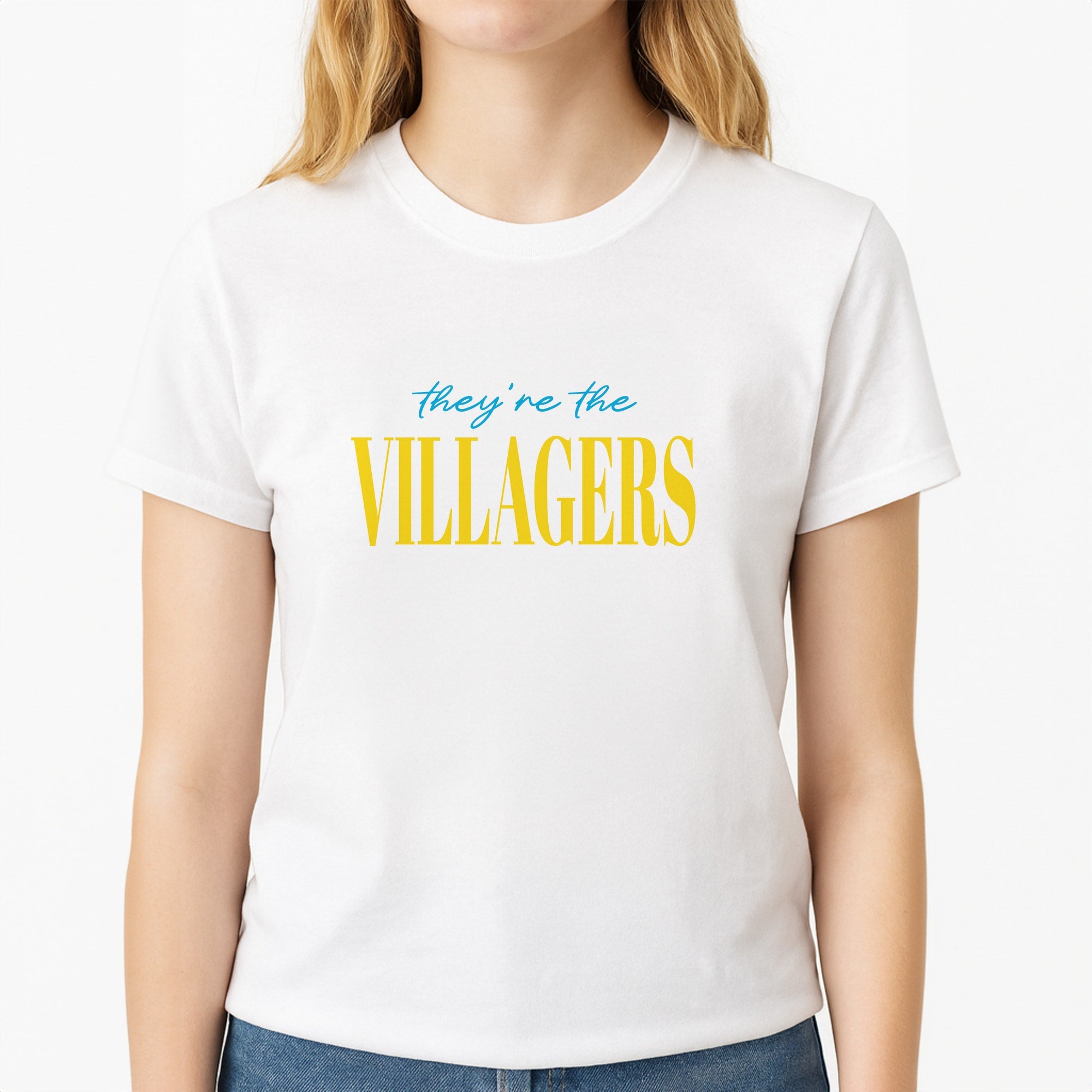They're The Villagers Blue Unisex T-Shirt, worn by a female model