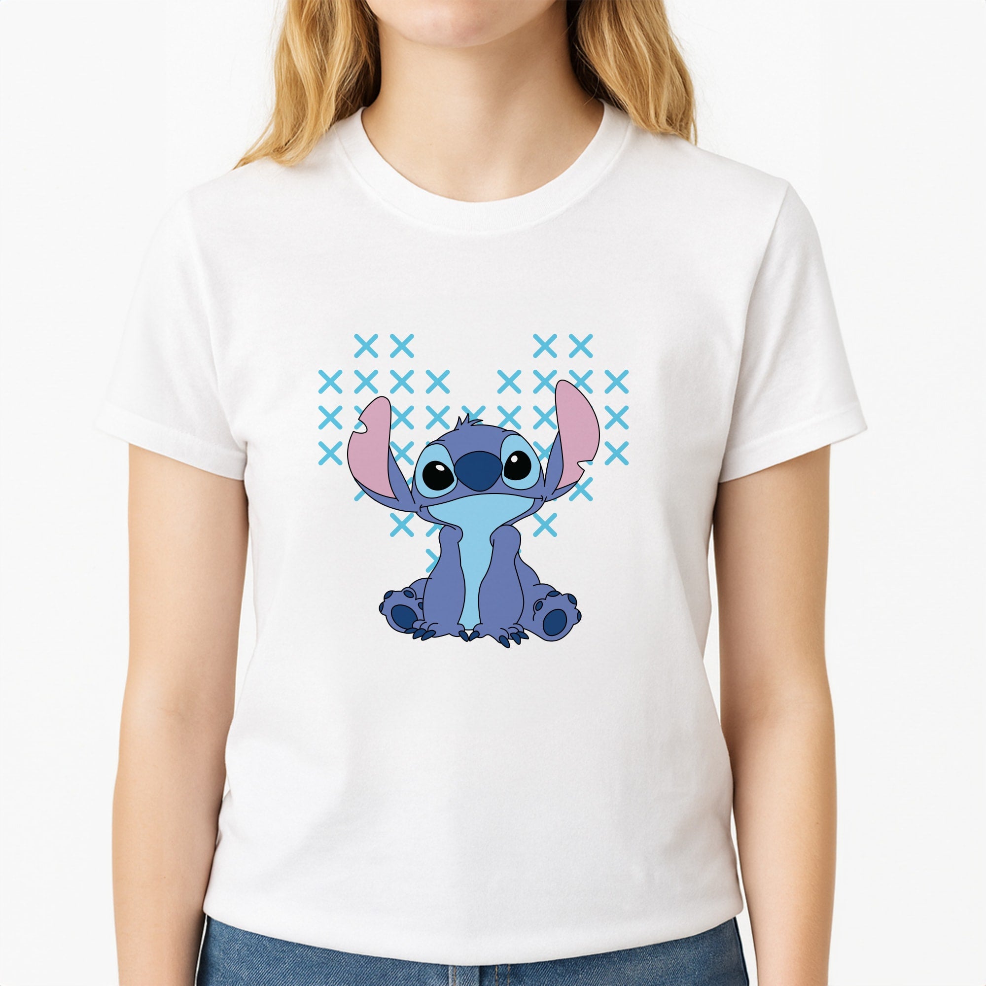 Blue Alien Hearts Unisex T-Shirt, worn by a female model
