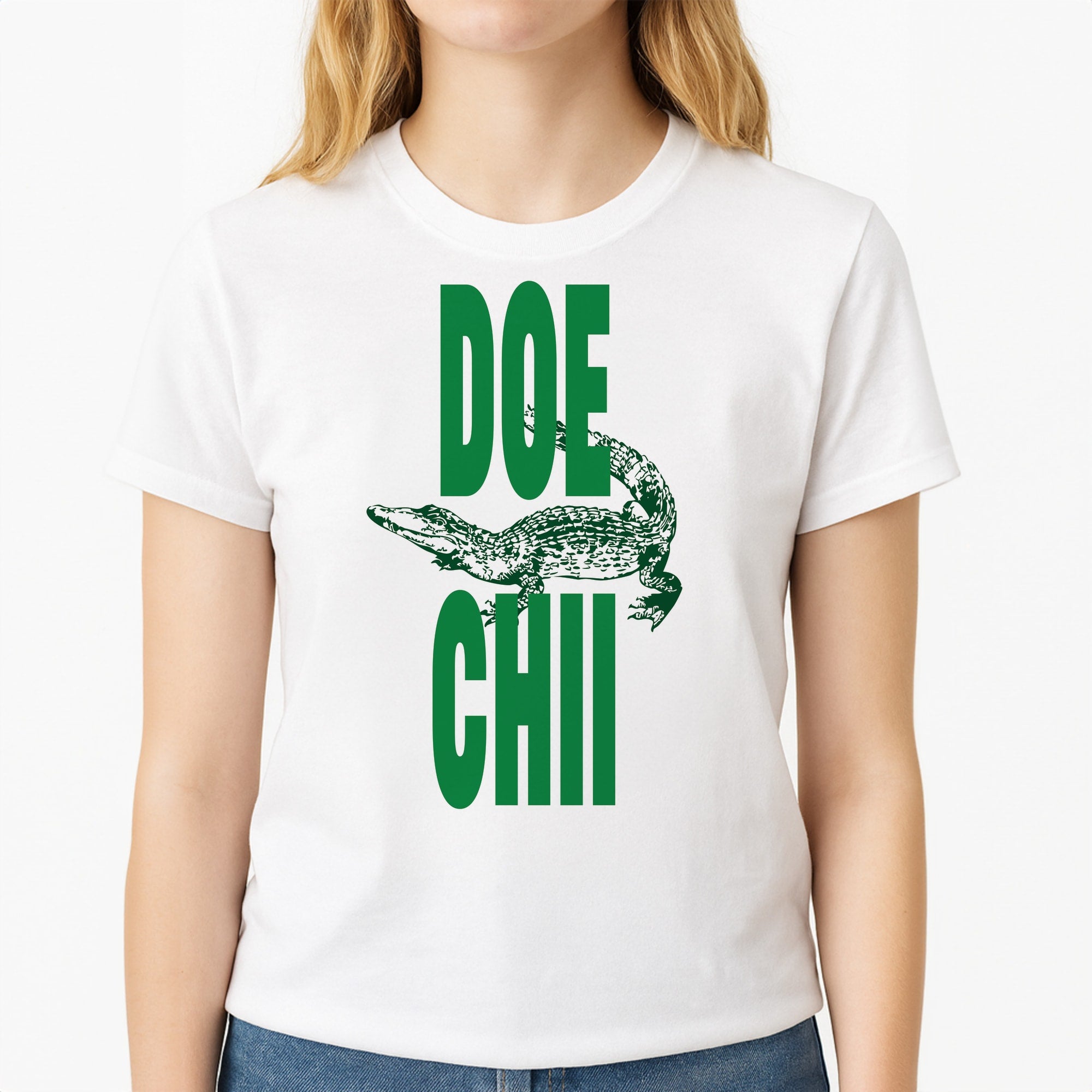 Rapper Alligator Print Unisex T-Shirt, worn by a female model