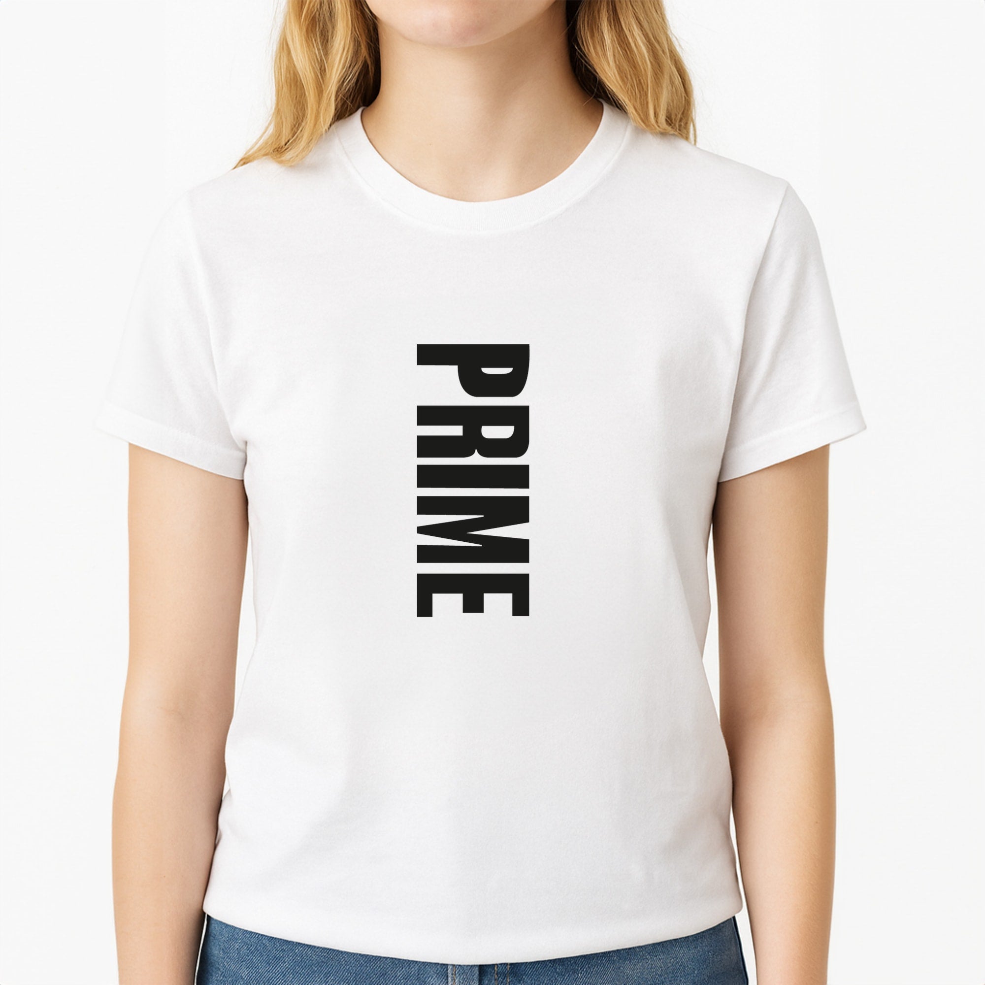 Prime - Blue Unisex T-Shirt, worn by a female model