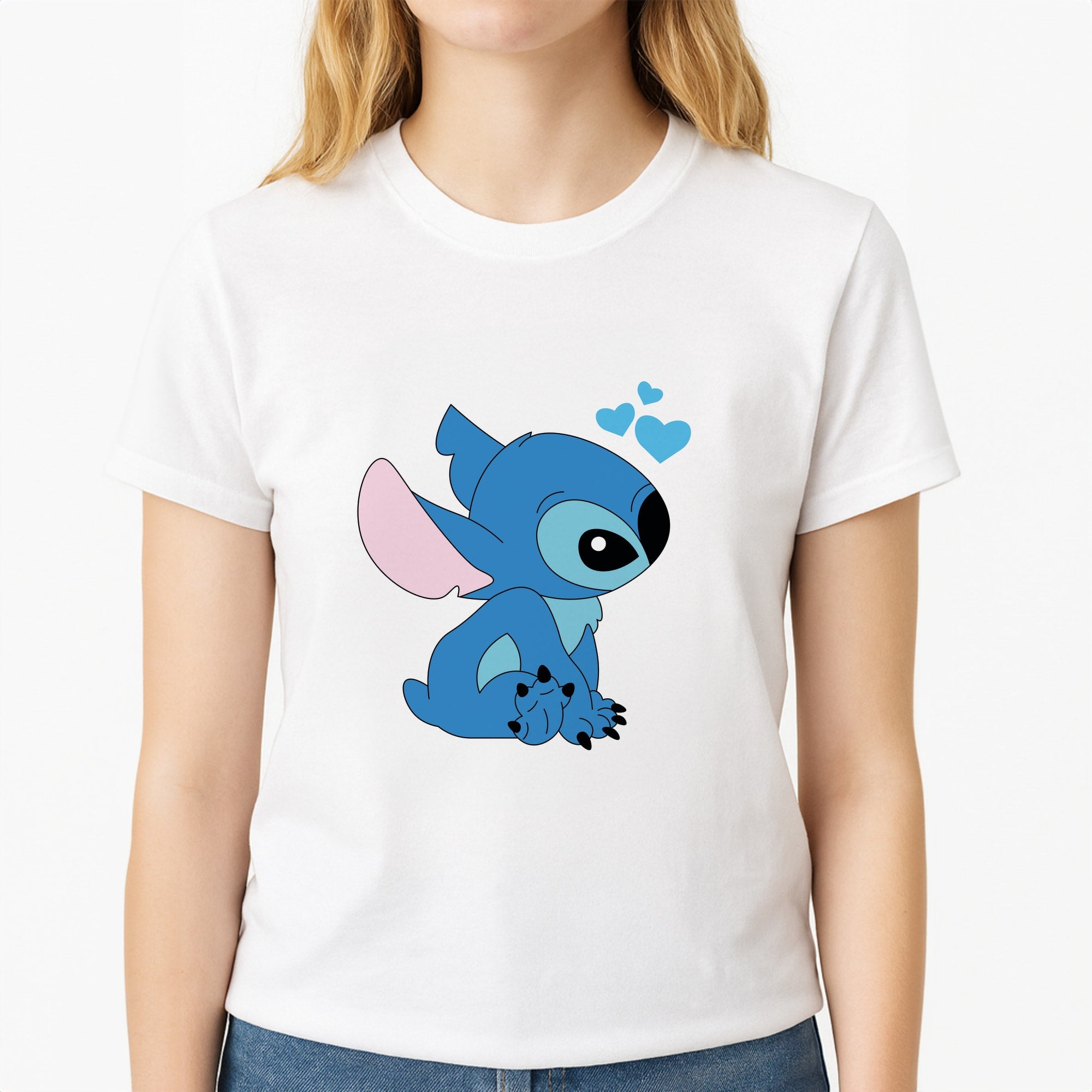 Blue Hearts Alien Blue Valentine's Unisex T-Shirt, worn by a female model