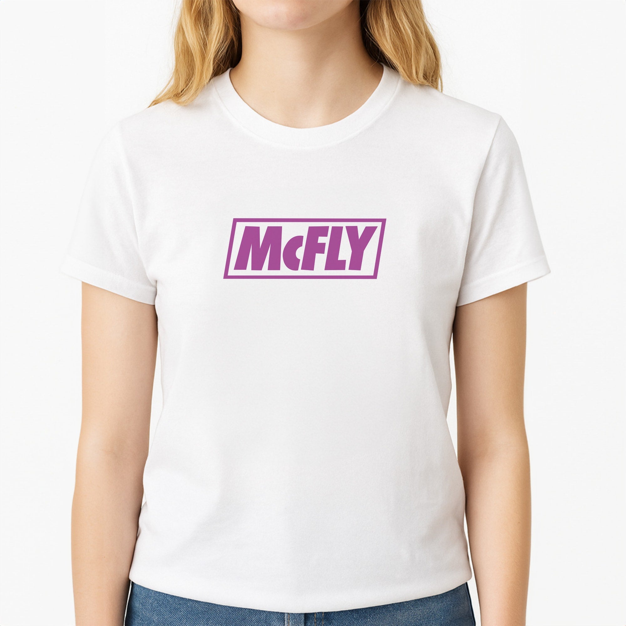 Yellow And Purple - McBand Unisex T-Shirt, worn by a female model