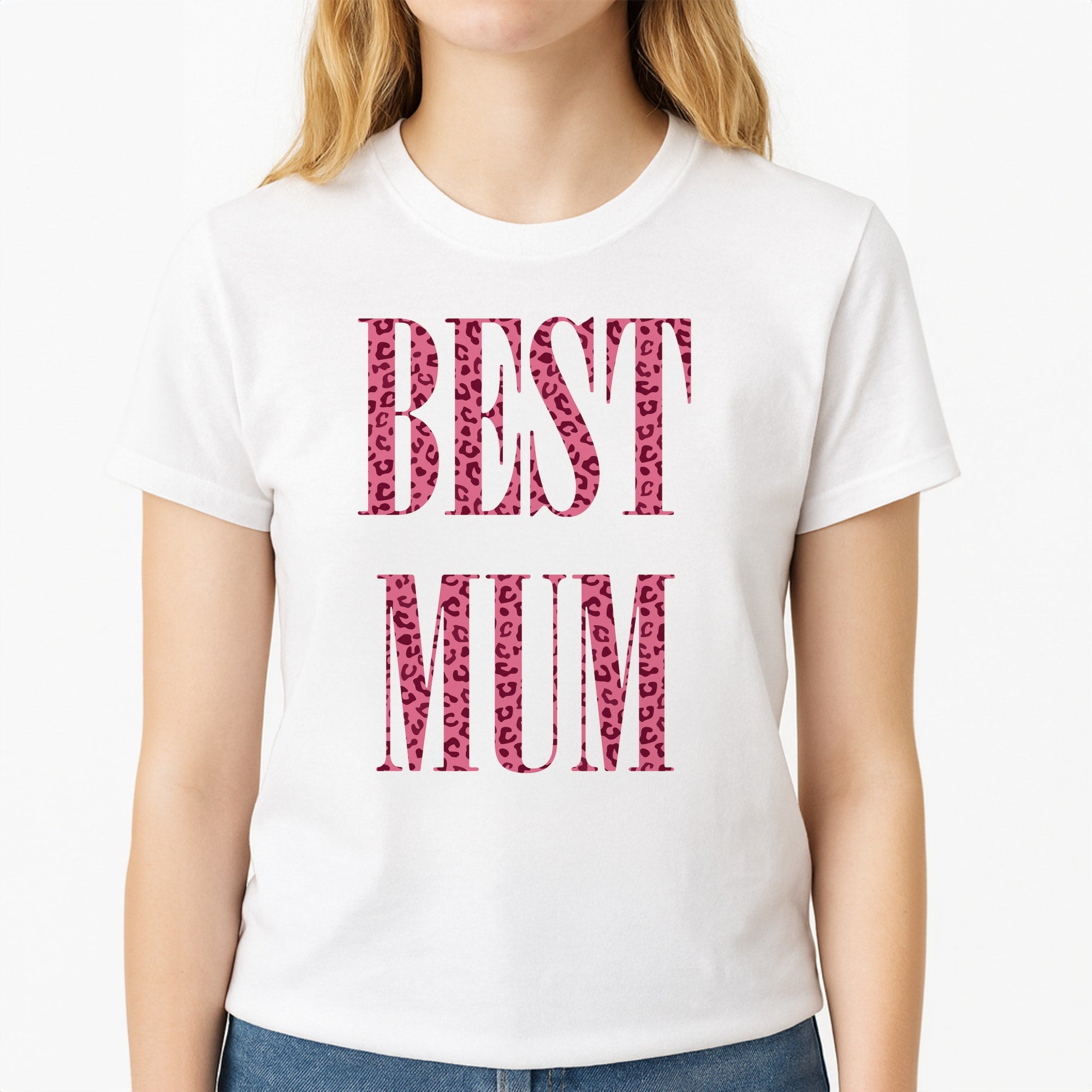 Best Mum Leopard Print Unisex T-Shirt, worn by a female model
