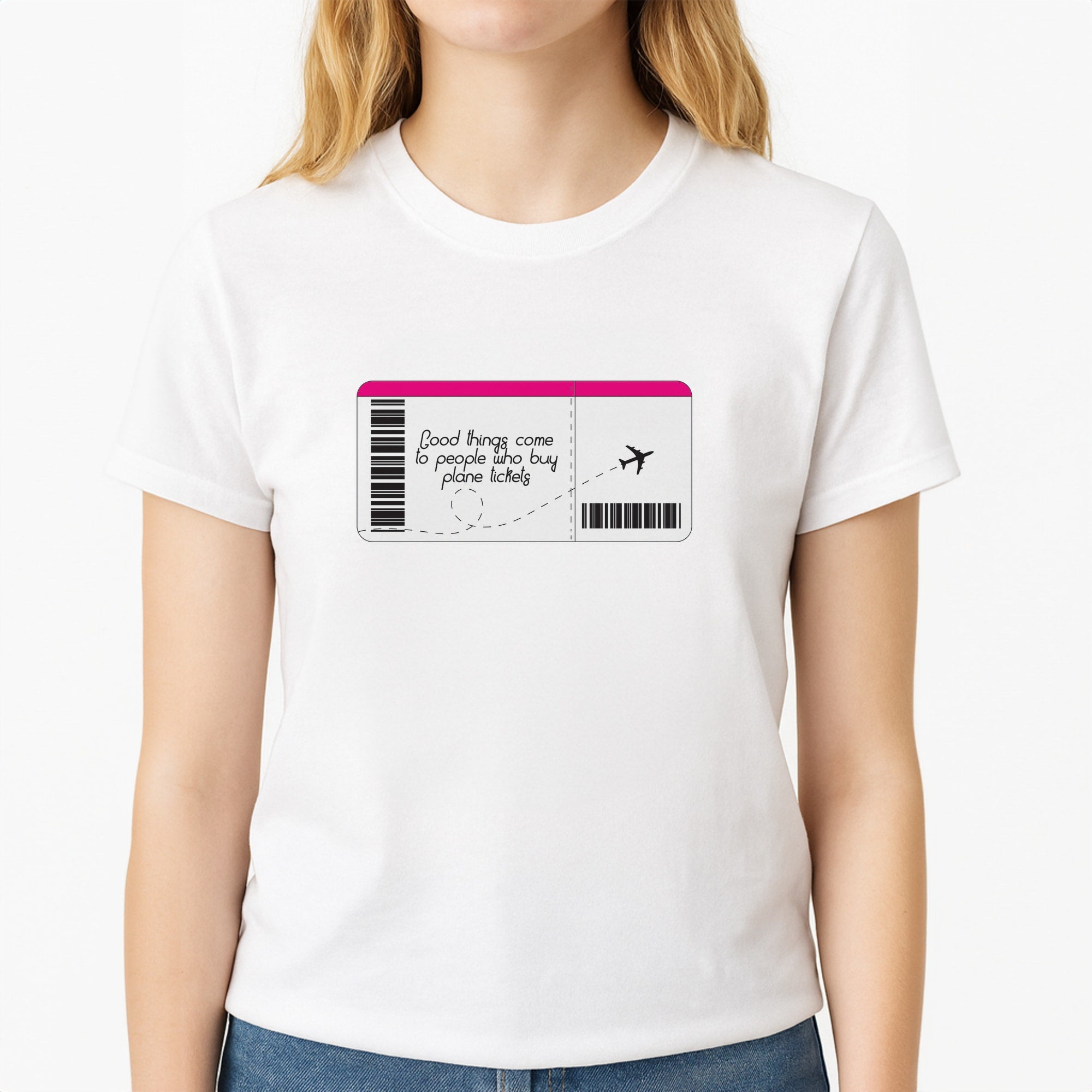 Buy Plane Tickets - Travel Unisex T-Shirt, worn by a female model