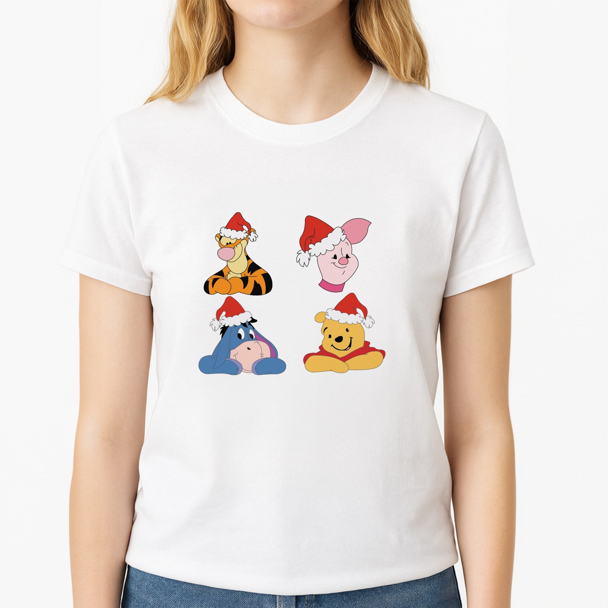 Bear, Tiger, Donkey and Pig Pattern Christmas Unisex T-Shirt, worn by a female model