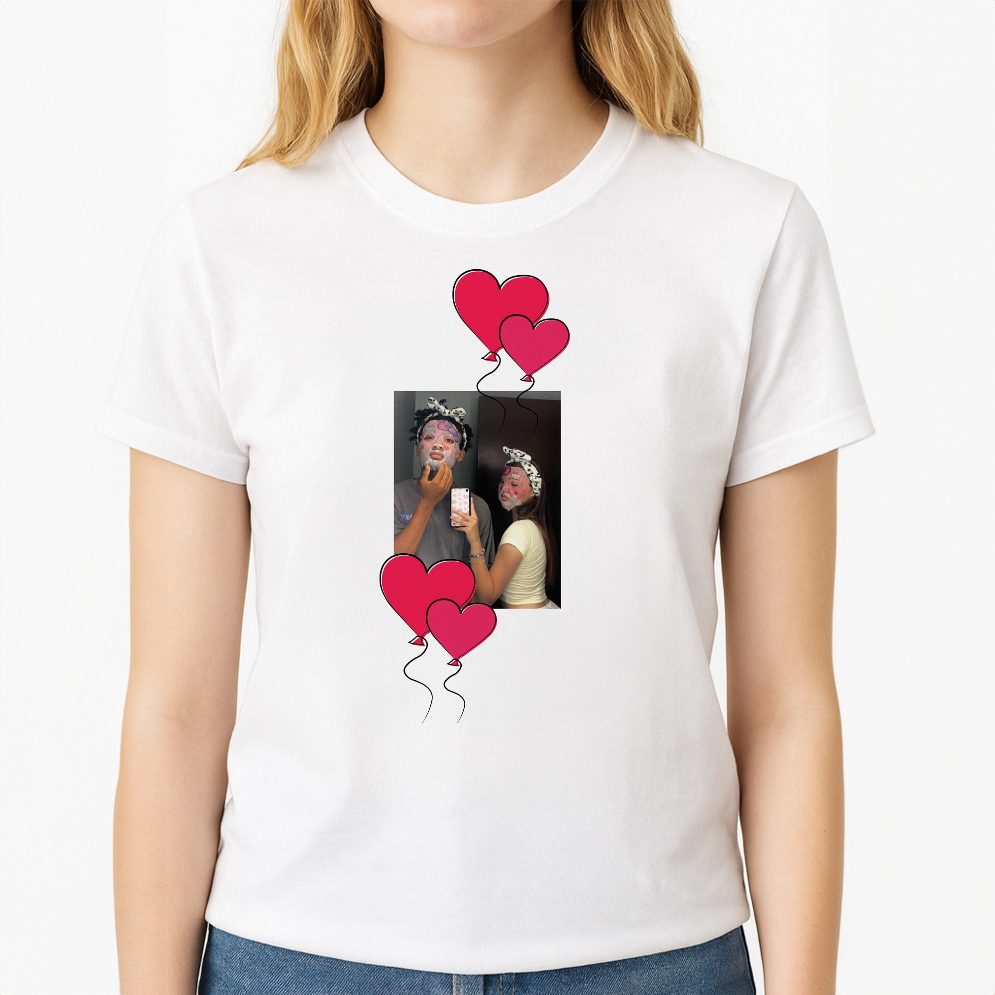 Heart Balloons - Personalised Couples Unisex T-Shirt, worn by a female model