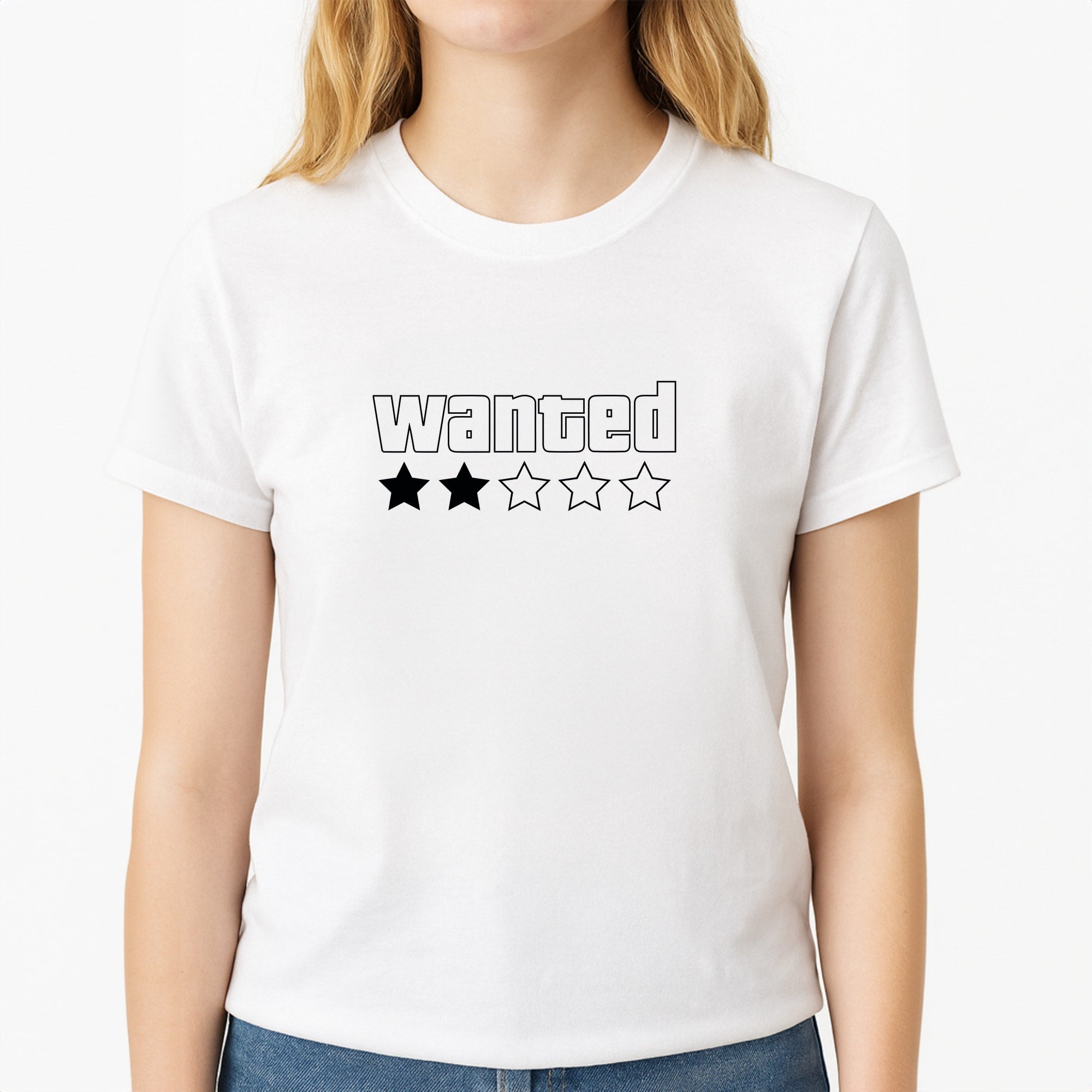 Wanted - Video Game Unisex T-Shirt, worn by a female model