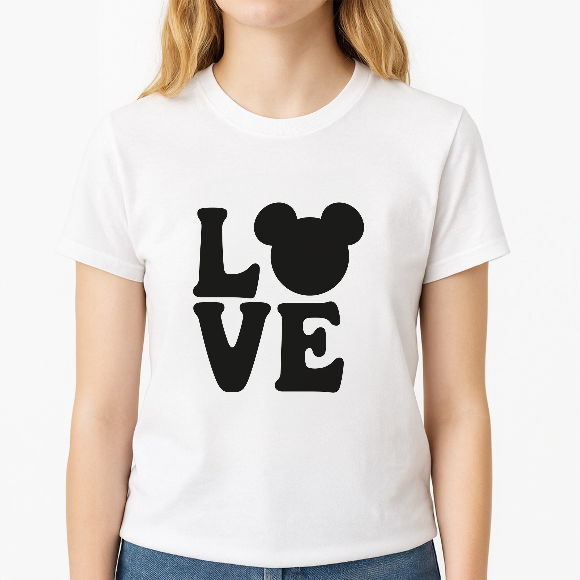 Mouse Love Valentine's Unisex T-Shirt, worn by a female model