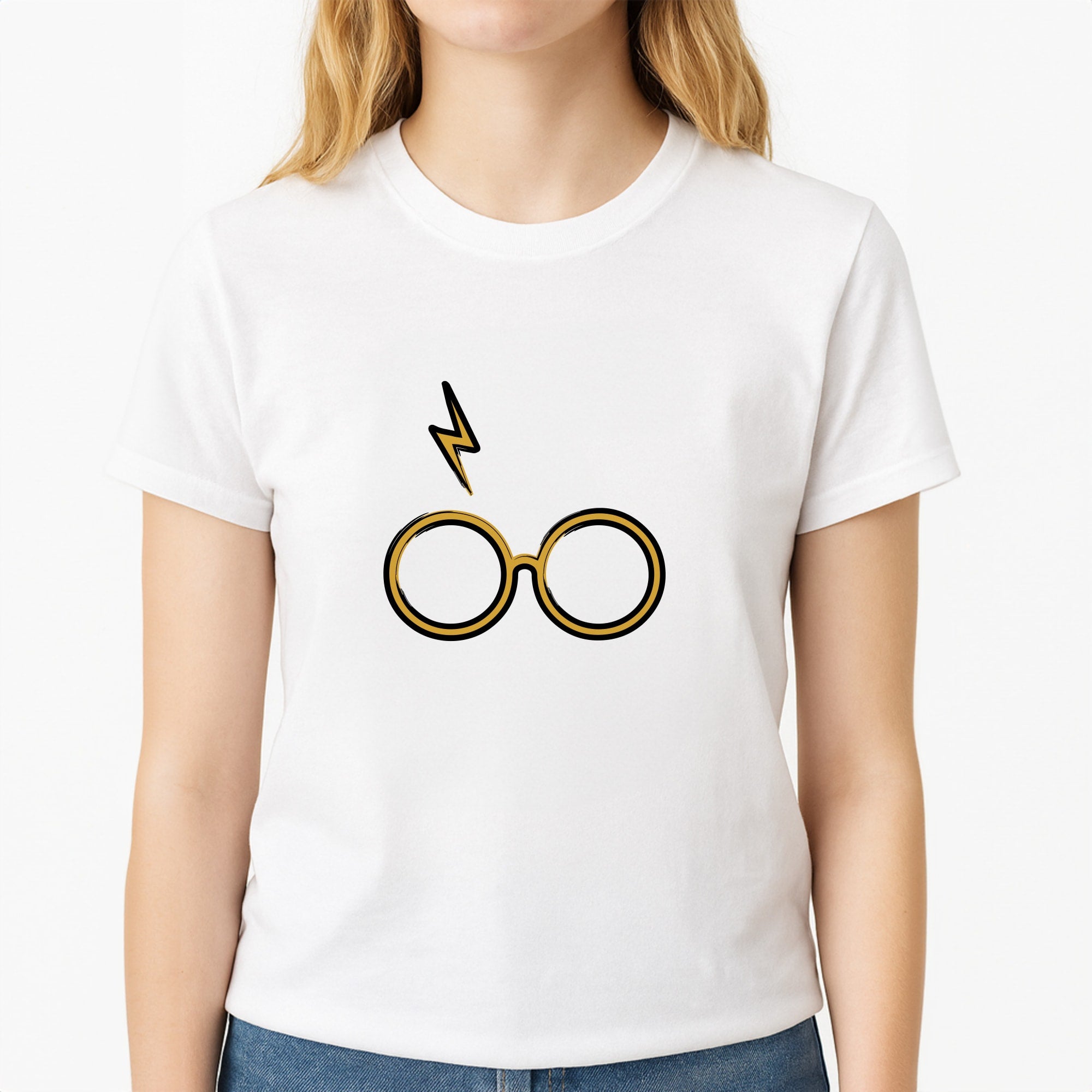 Glasses & Scar Unisex T-Shirt, worn by a female model