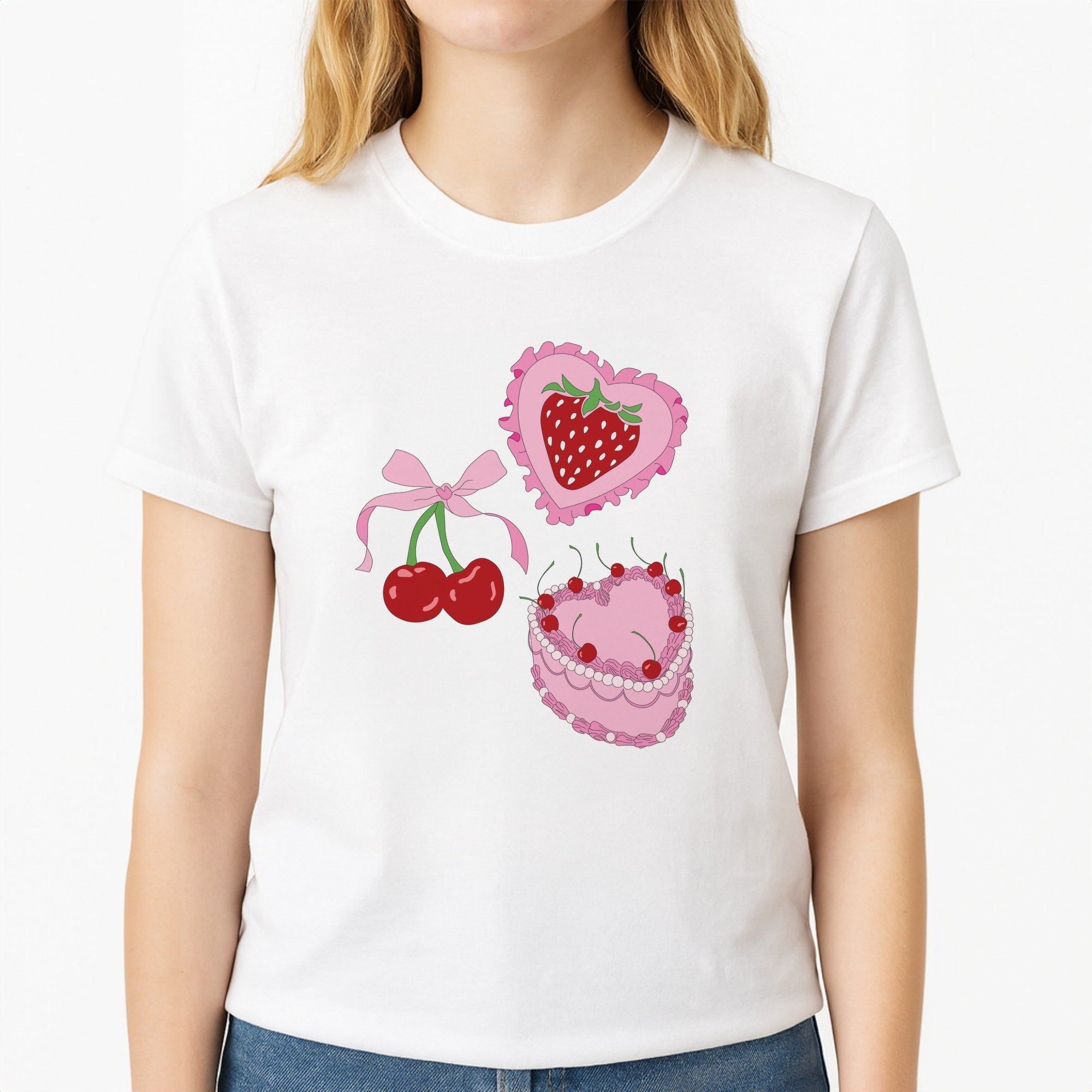 Cherries, Strawberries And Cake - Valentine's Day Unisex T-Shirt, worn by a female model