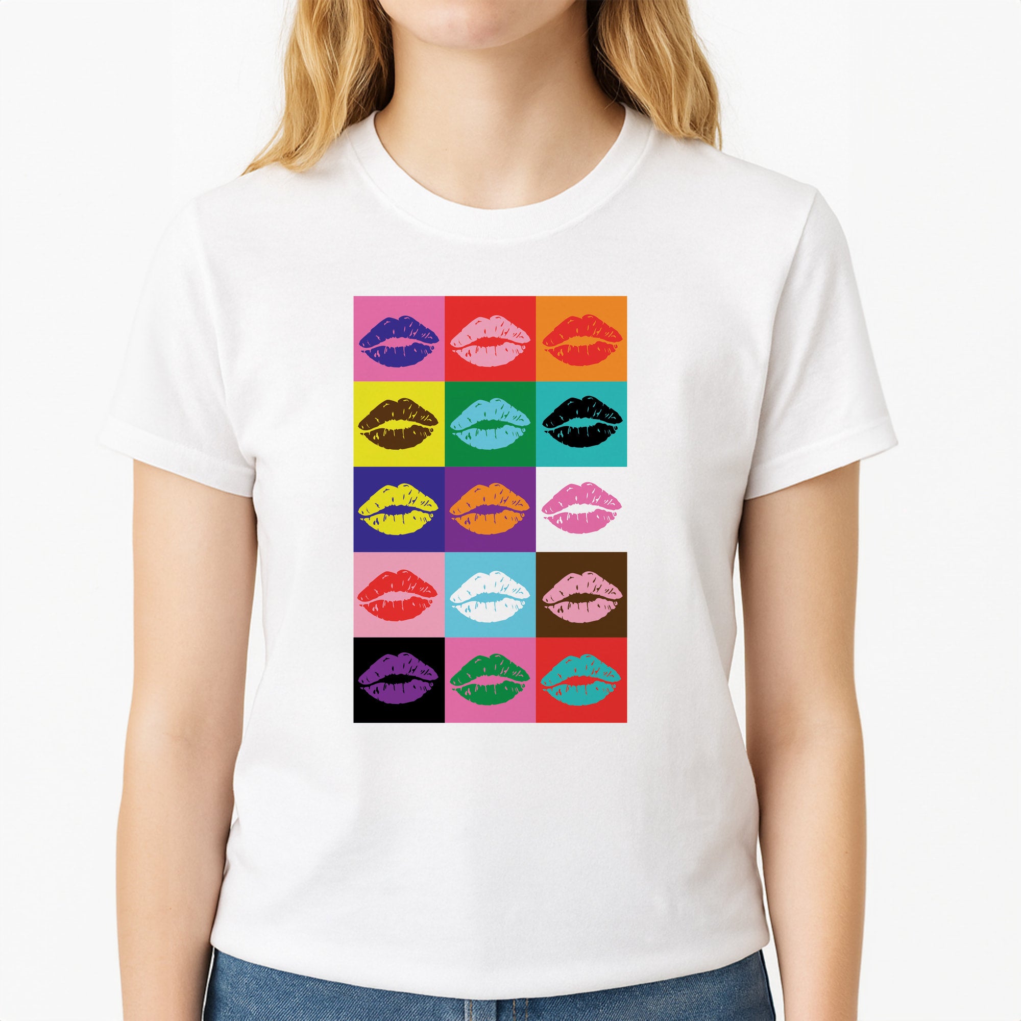 Lips Collage - Pride Unisex T-Shirt, worn by a female model
