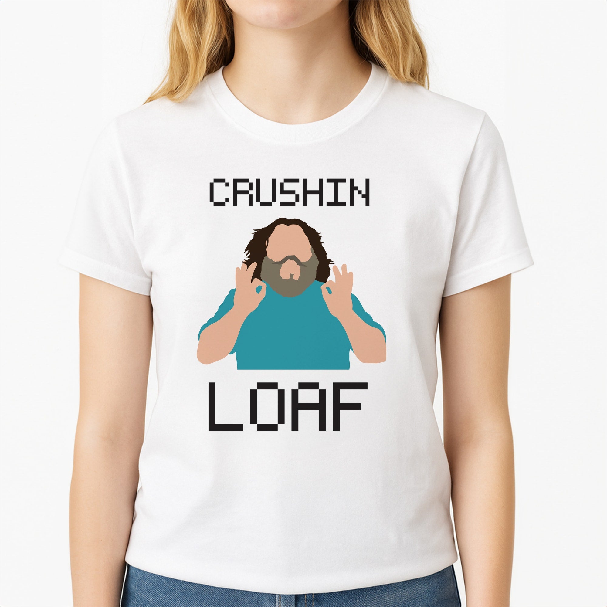 Crushing Loaf Jack Unisex T-Shirt, worn by a female model
