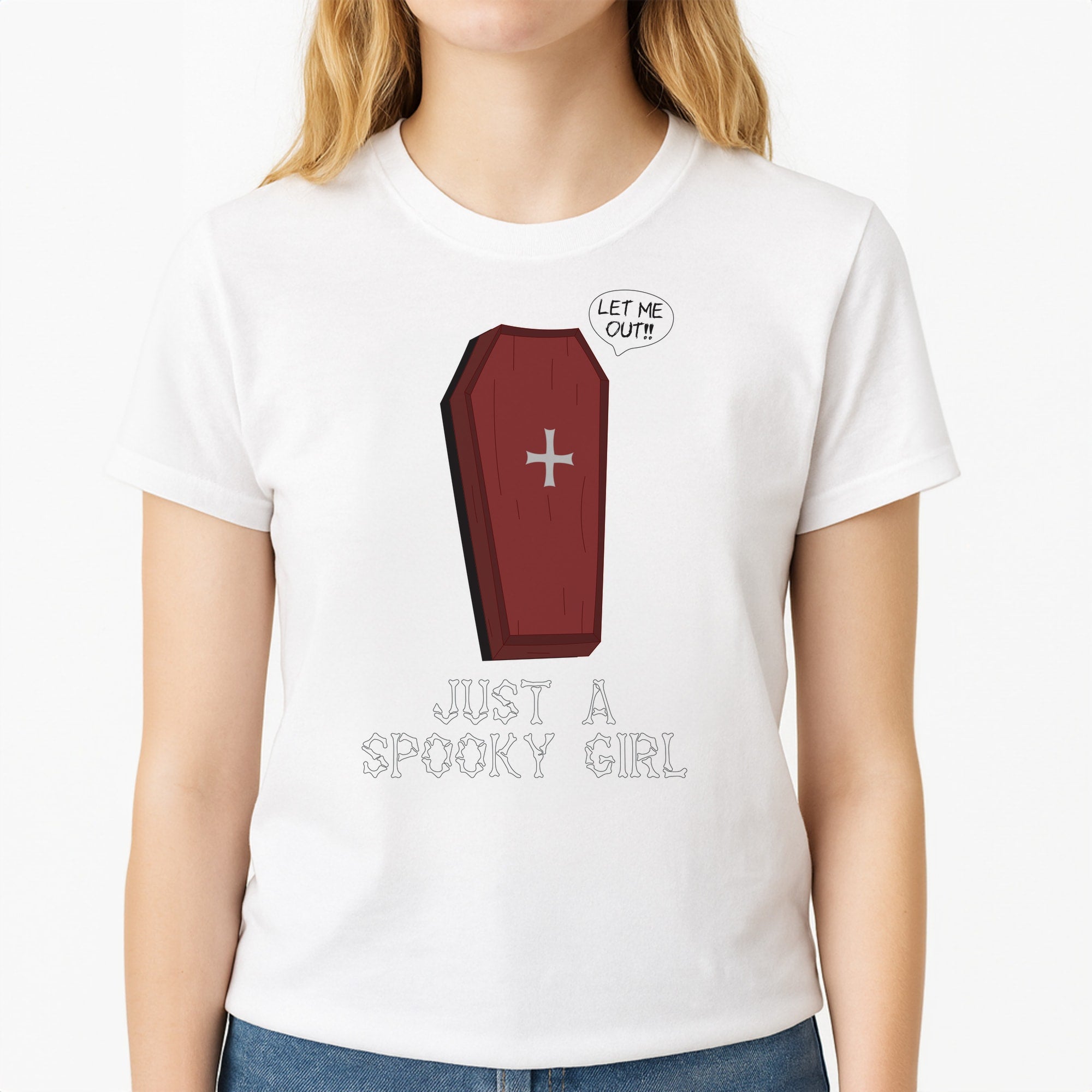 Just A Spooky Girl Unisex T-Shirt, worn by a female model