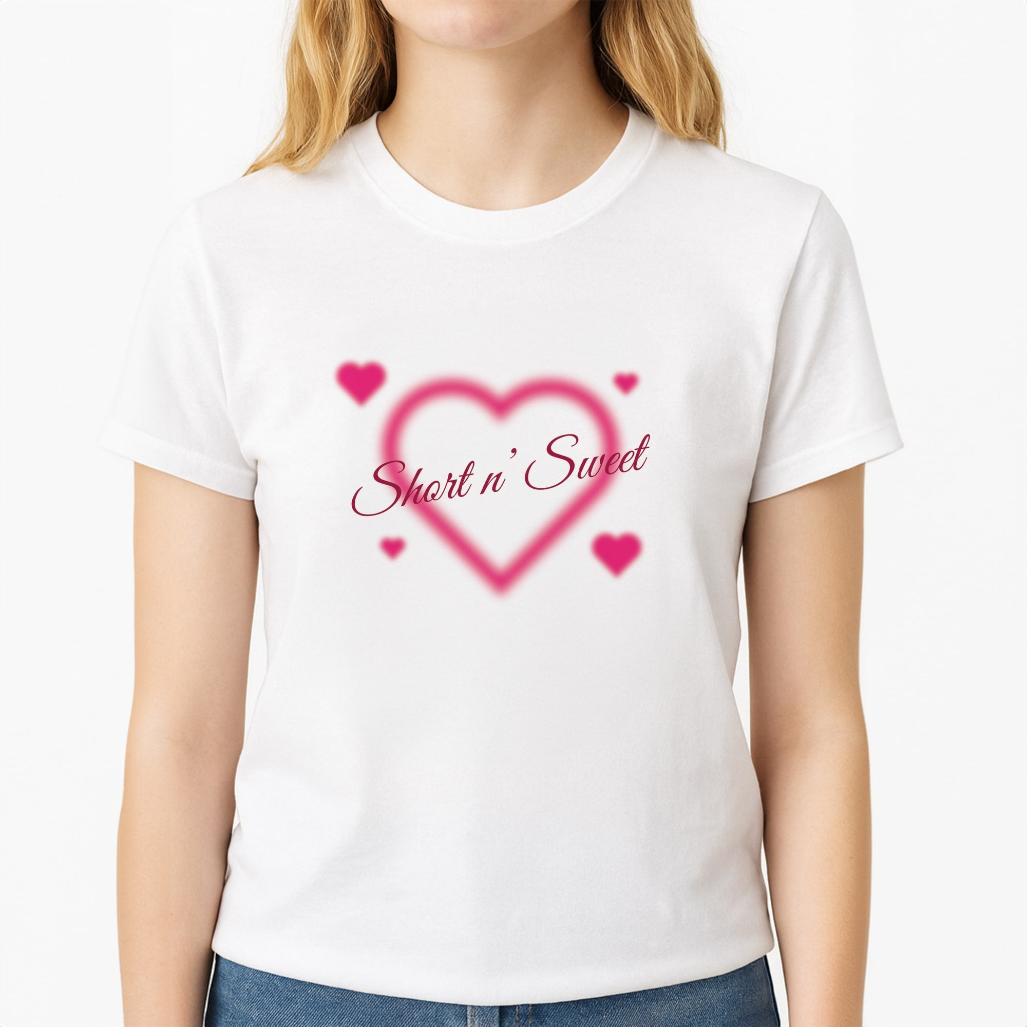 Short N' Sweet Unisex T-Shirt, worn by a female model