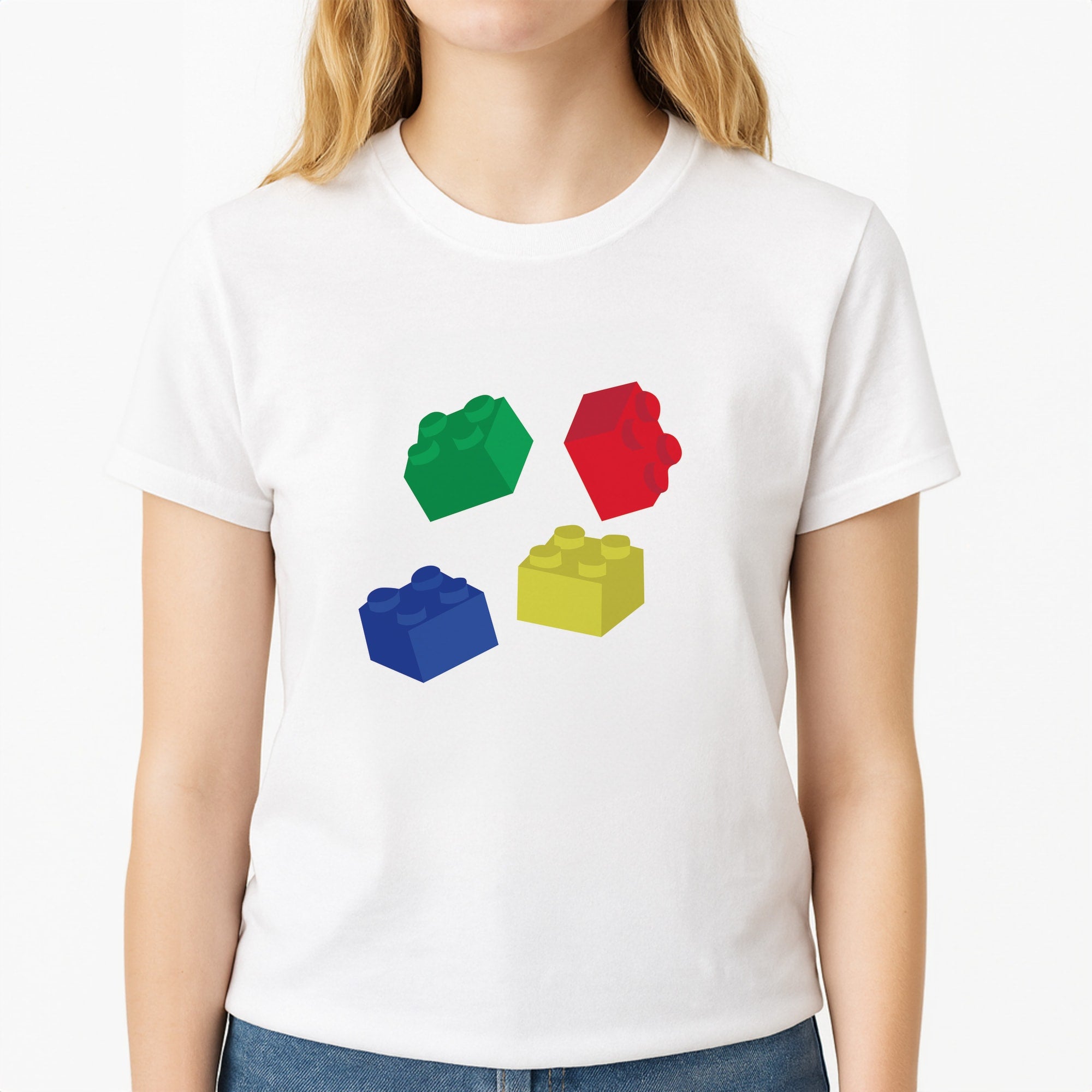 Coloured Bricks Unisex T-Shirt, worn by a female model
