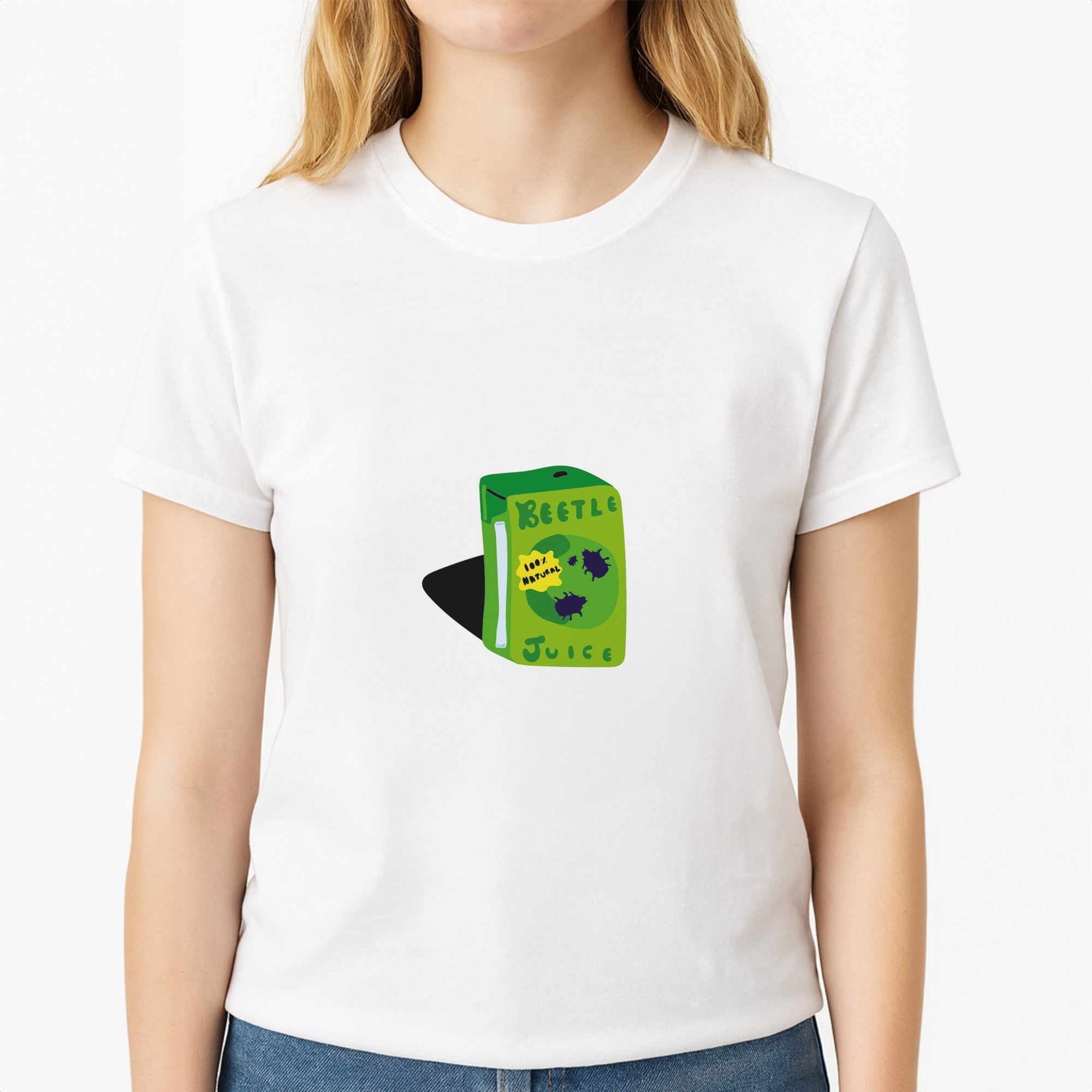 Juice - Beetle Halloween Unisex T-Shirt, worn by a female model