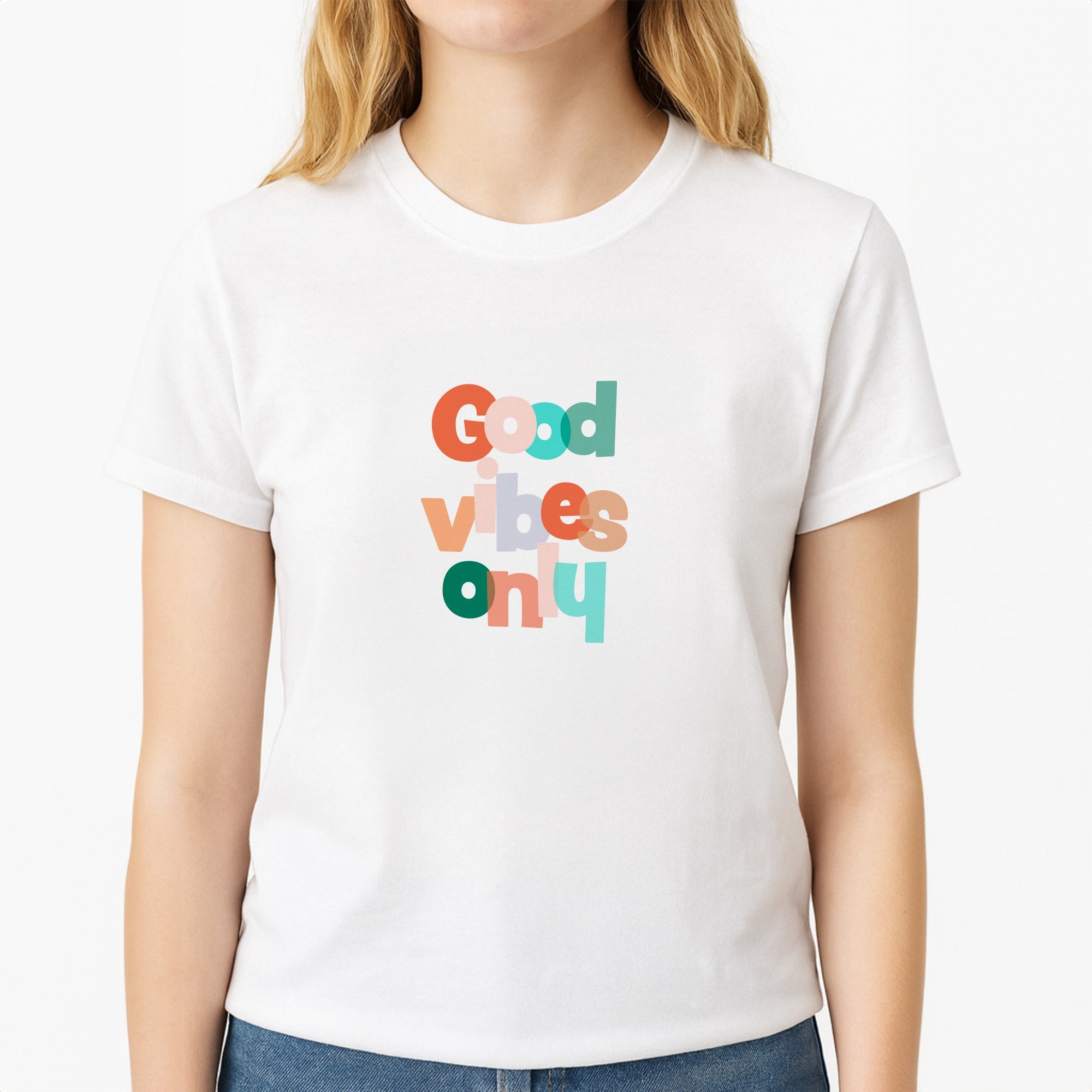 Colourful Good Vibes Only Unisex T-Shirt, worn by a female model