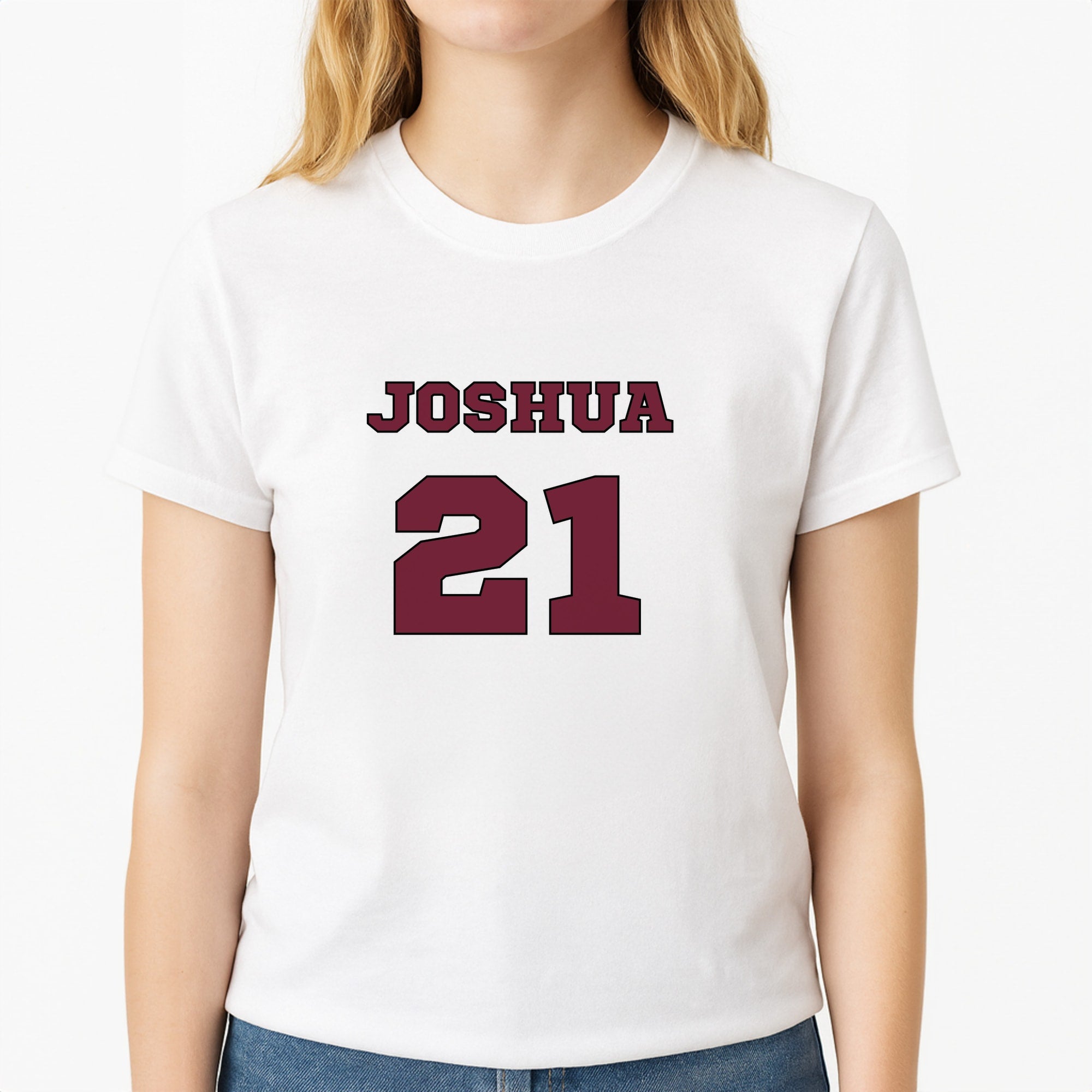 Burgundy - Personalised Football Unisex T-Shirt, worn by a female model