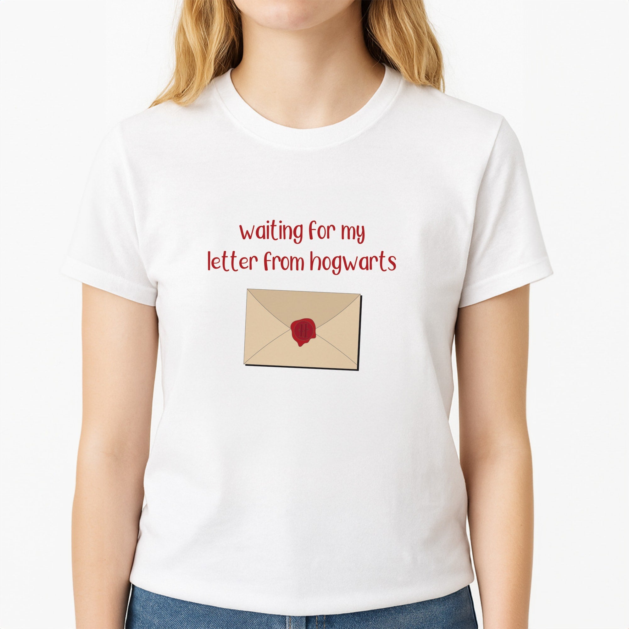 Waiting For My Letter Unisex T-Shirt, worn by a female model