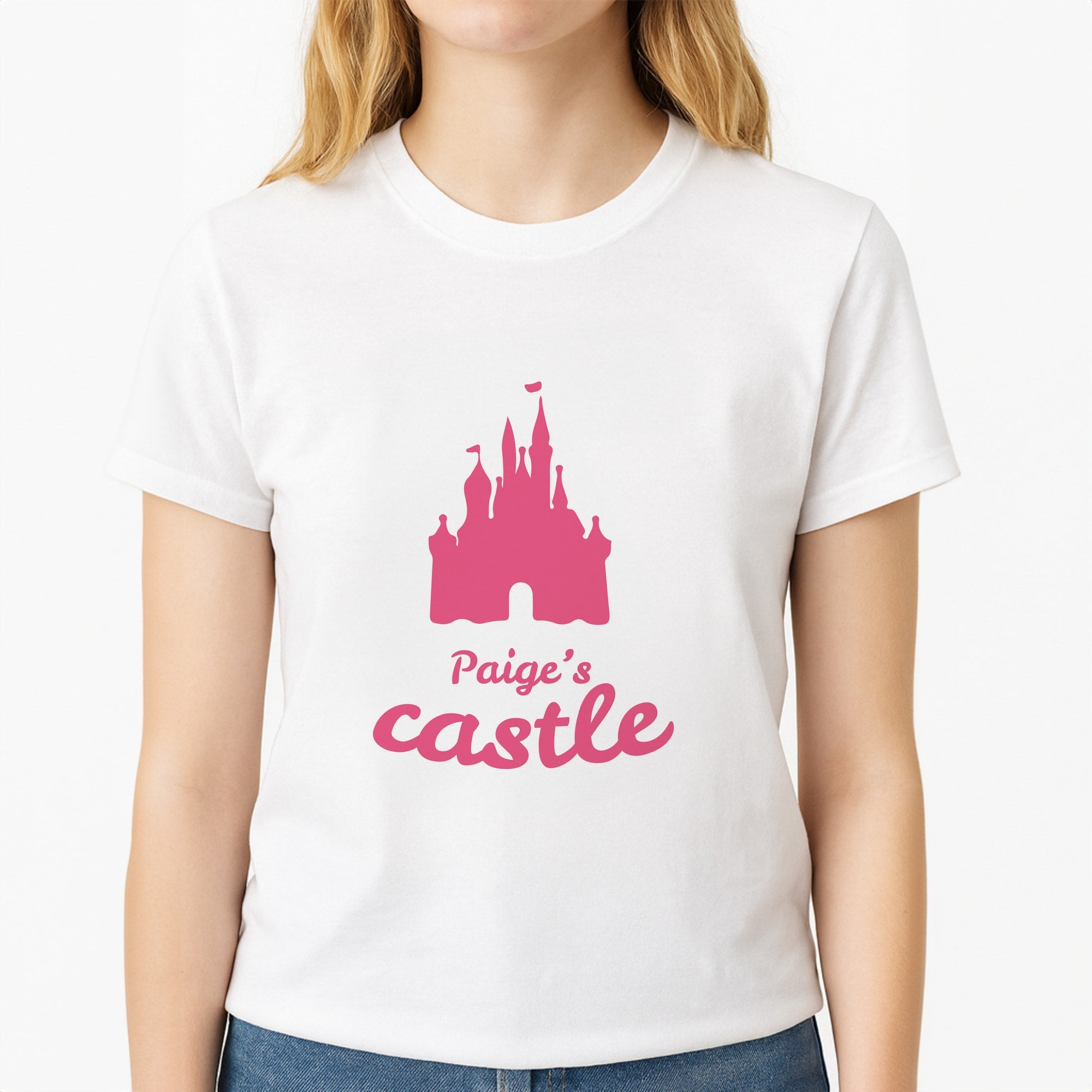 Fairytale Castle - Personalised Fairytale Unisex T-Shirt, worn by a female model
