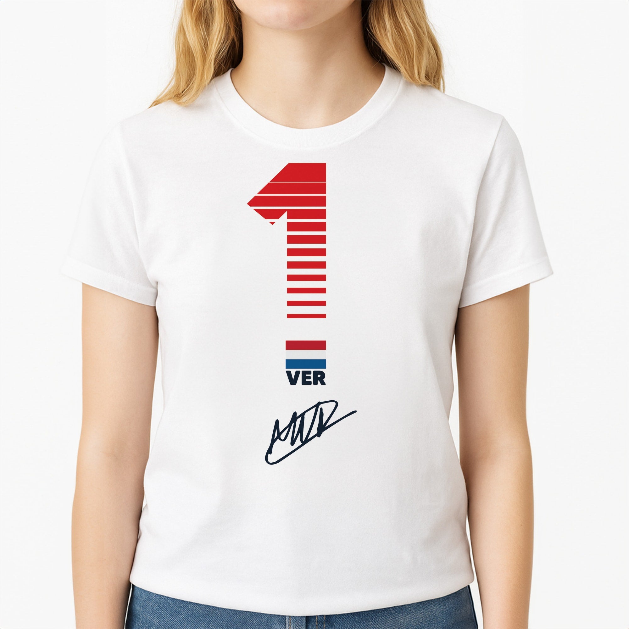 Verstappen - F1 Unisex T-Shirt, worn by a female model